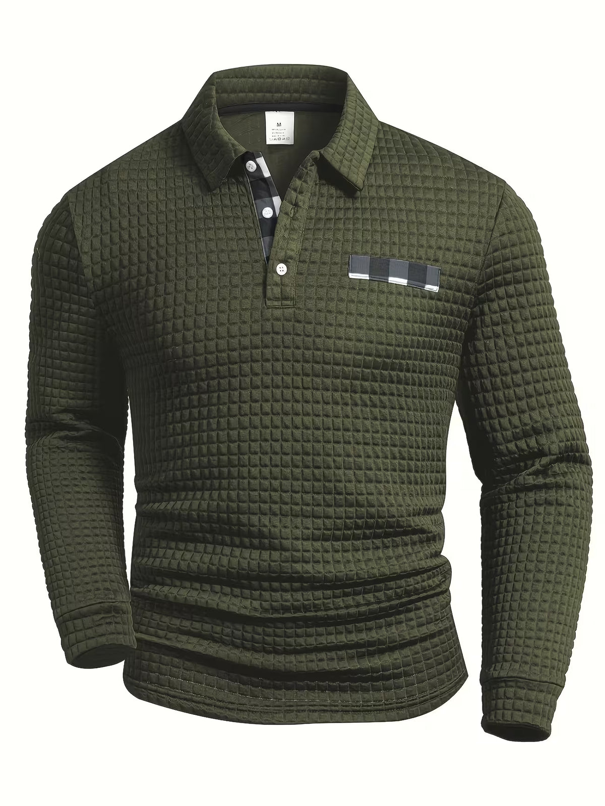 Men's Grid Print Shirt – Textured Long Sleeve, Lapel Collar