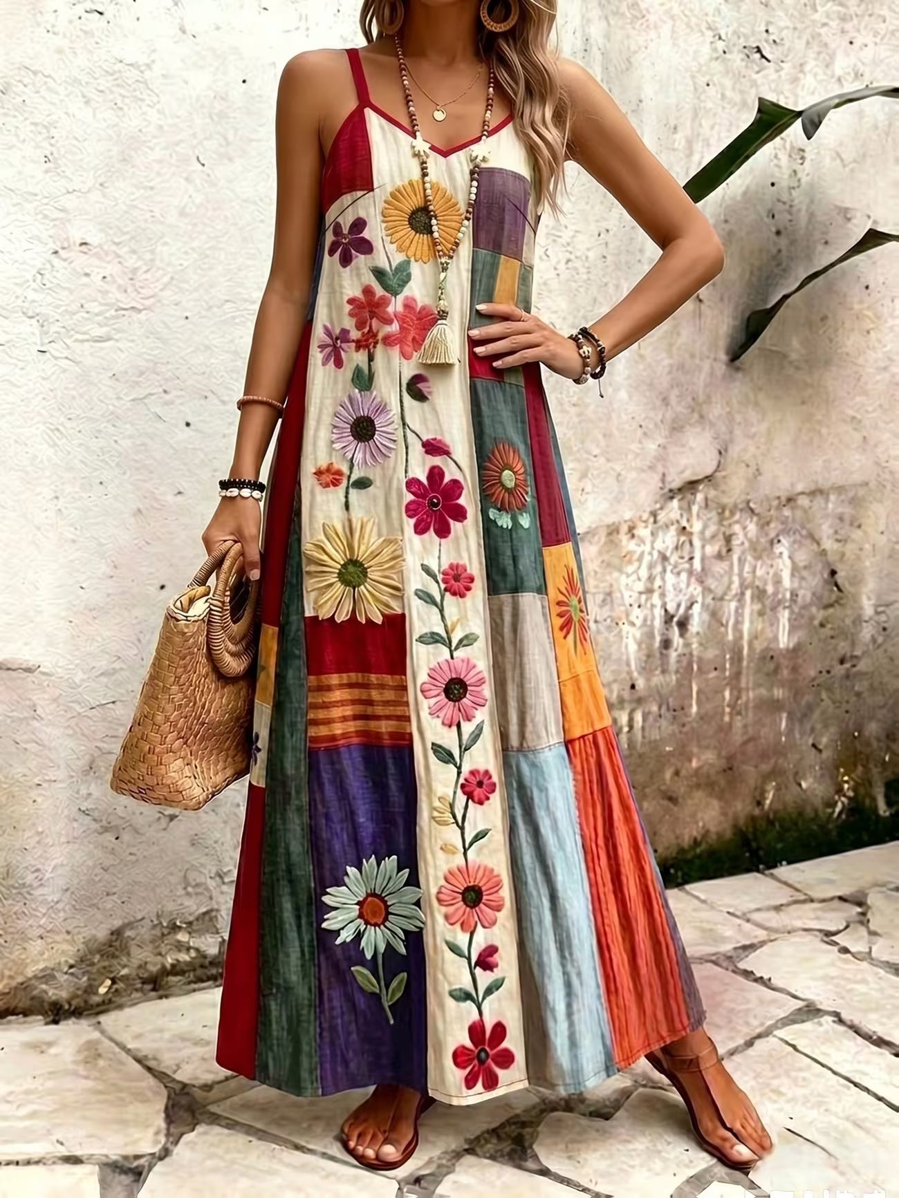 Women's Wine Red Bohemian A Line V-neck Midi Dress