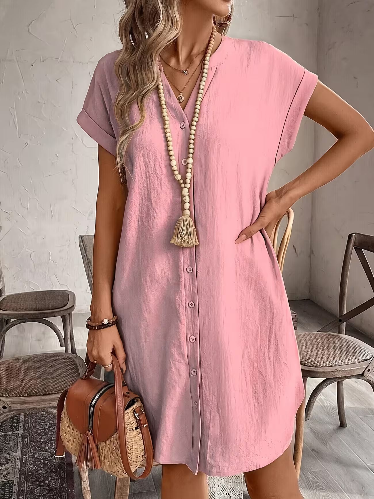 Women's Elegant V-neck Button Loose Fit Midi Dress Shirt