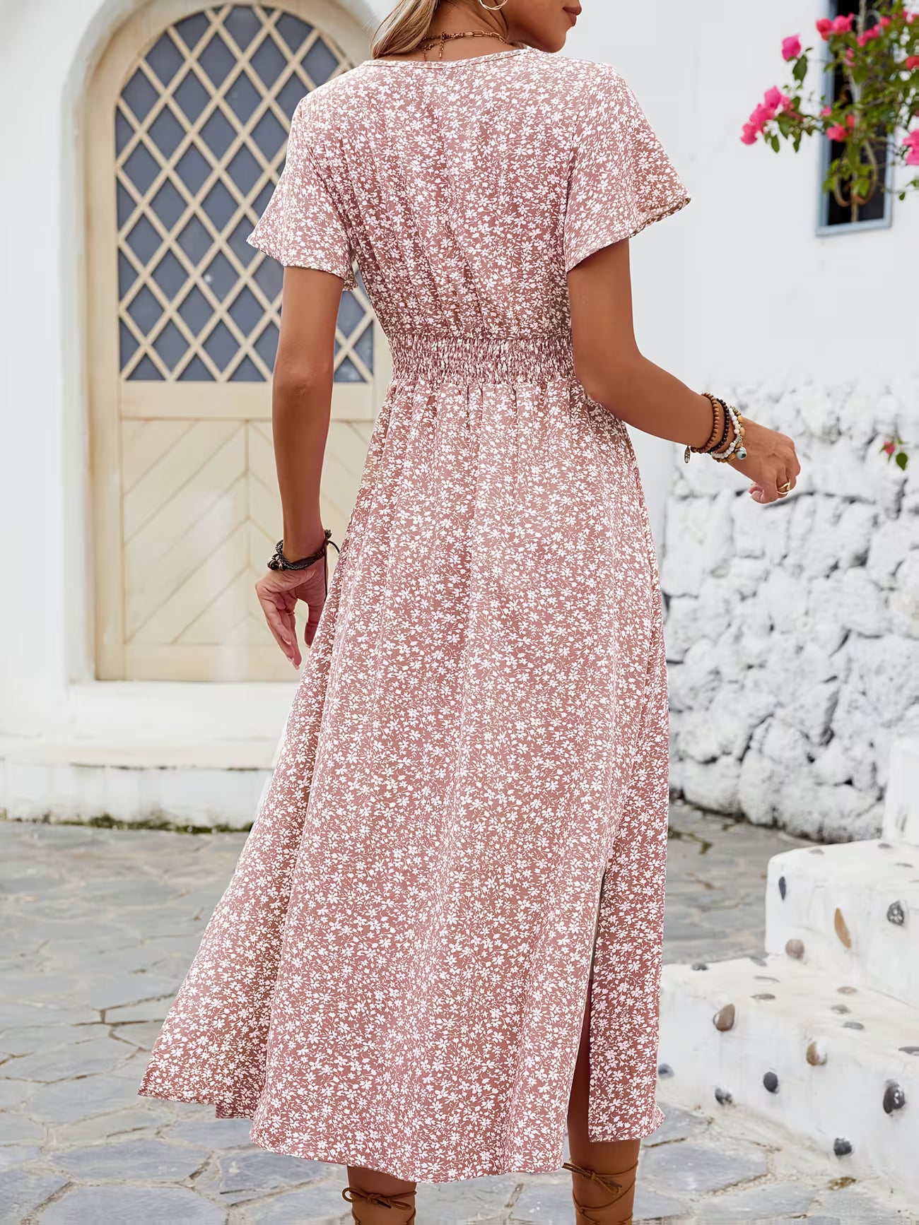 Women's Floral bohemian Print V-neck Midi Dress With Slit Sleeves