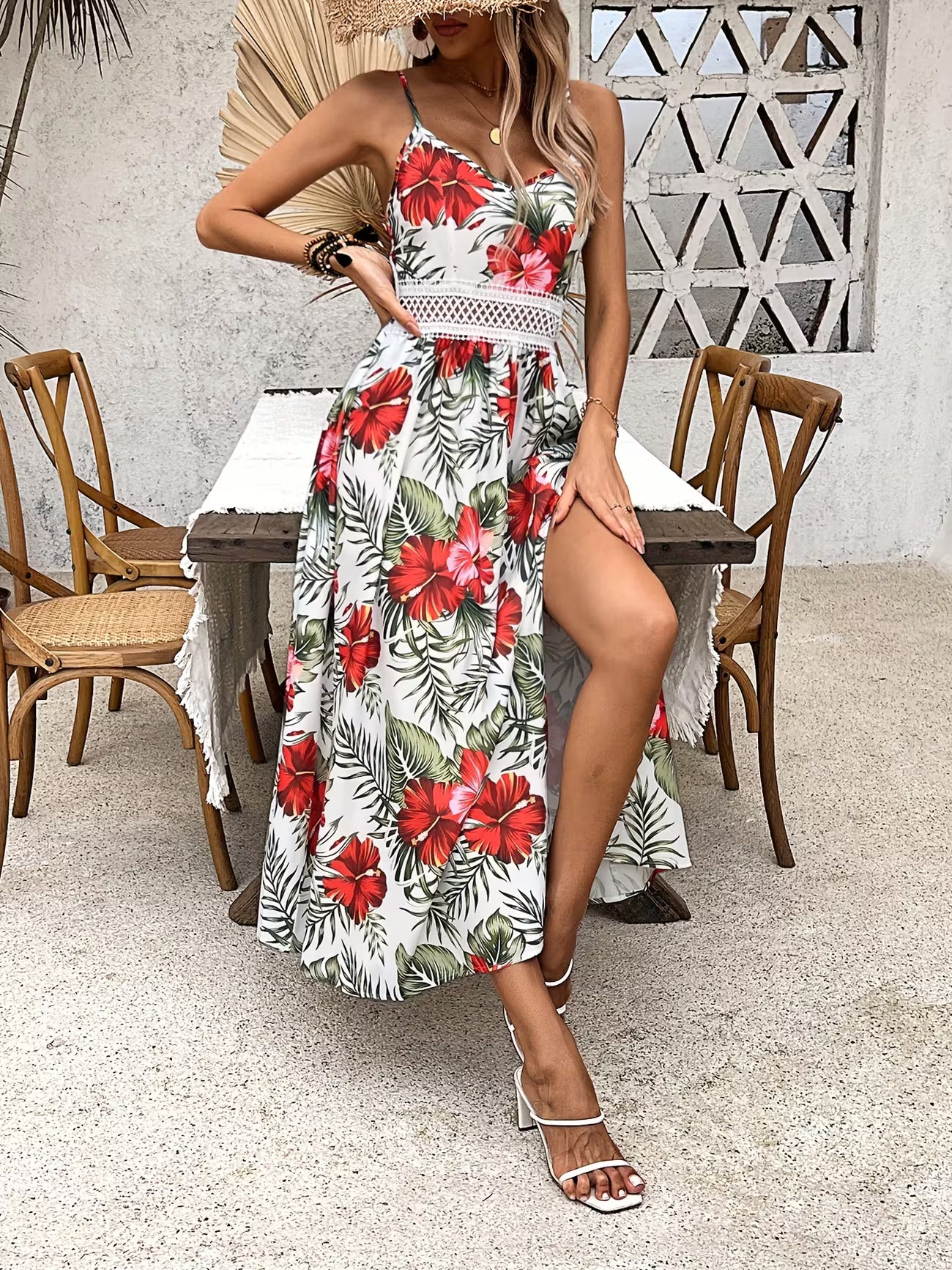 Women's Floral Print Bohemian Sleeveless Split Midi Dress