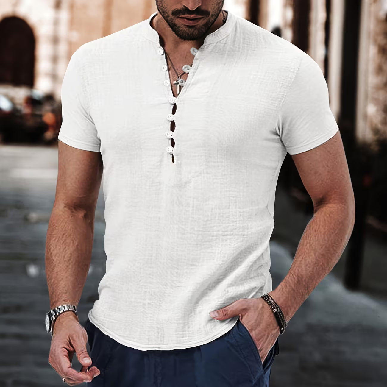Mens Linen Stand Collar Short Sleeve Shirt