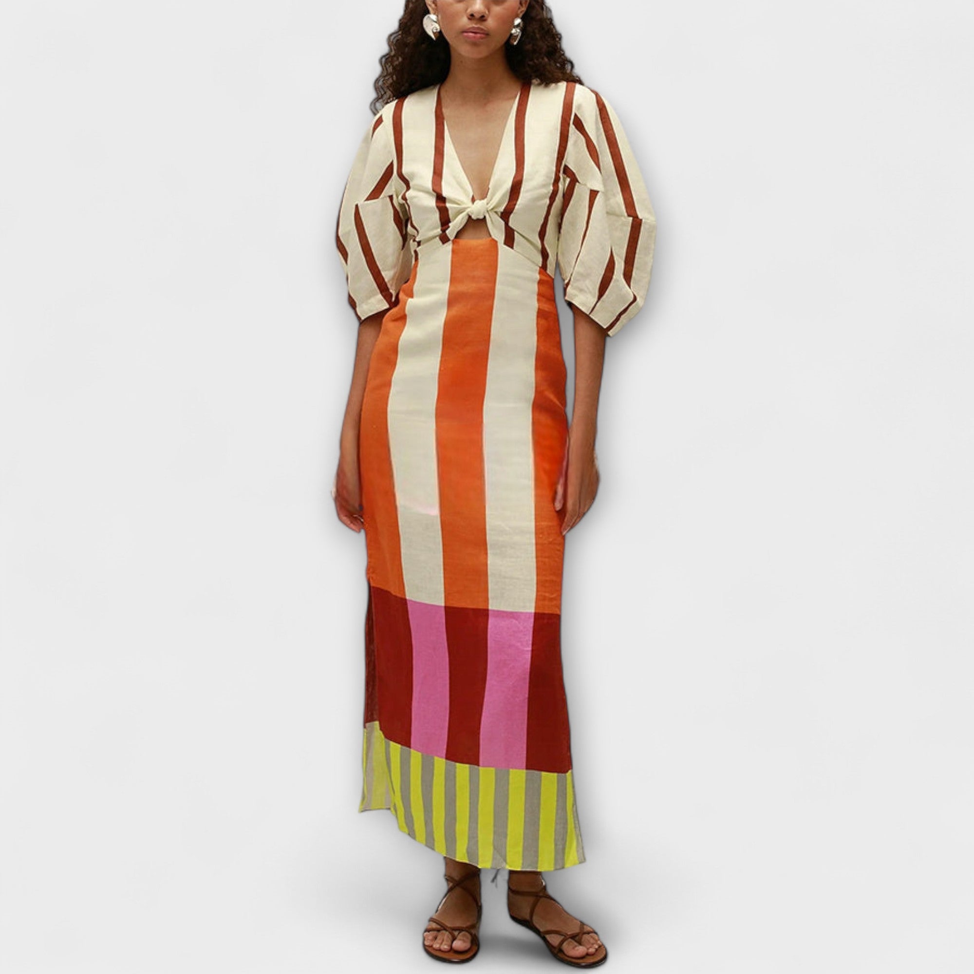 Maxi Dress With Front Cutout And Puff Sleeves