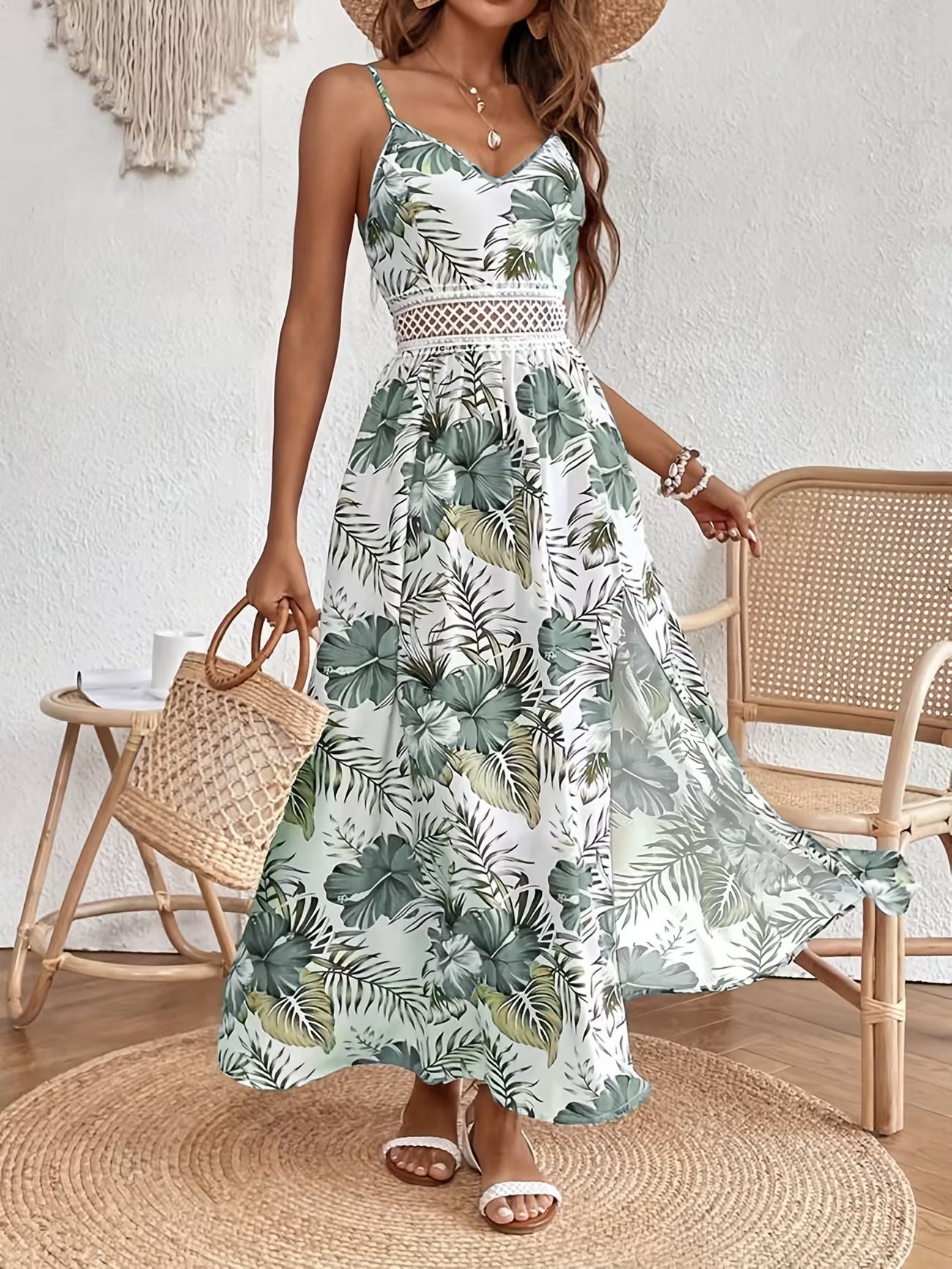 Women's Floral Print Bohemian Sleeveless Split Midi Dress