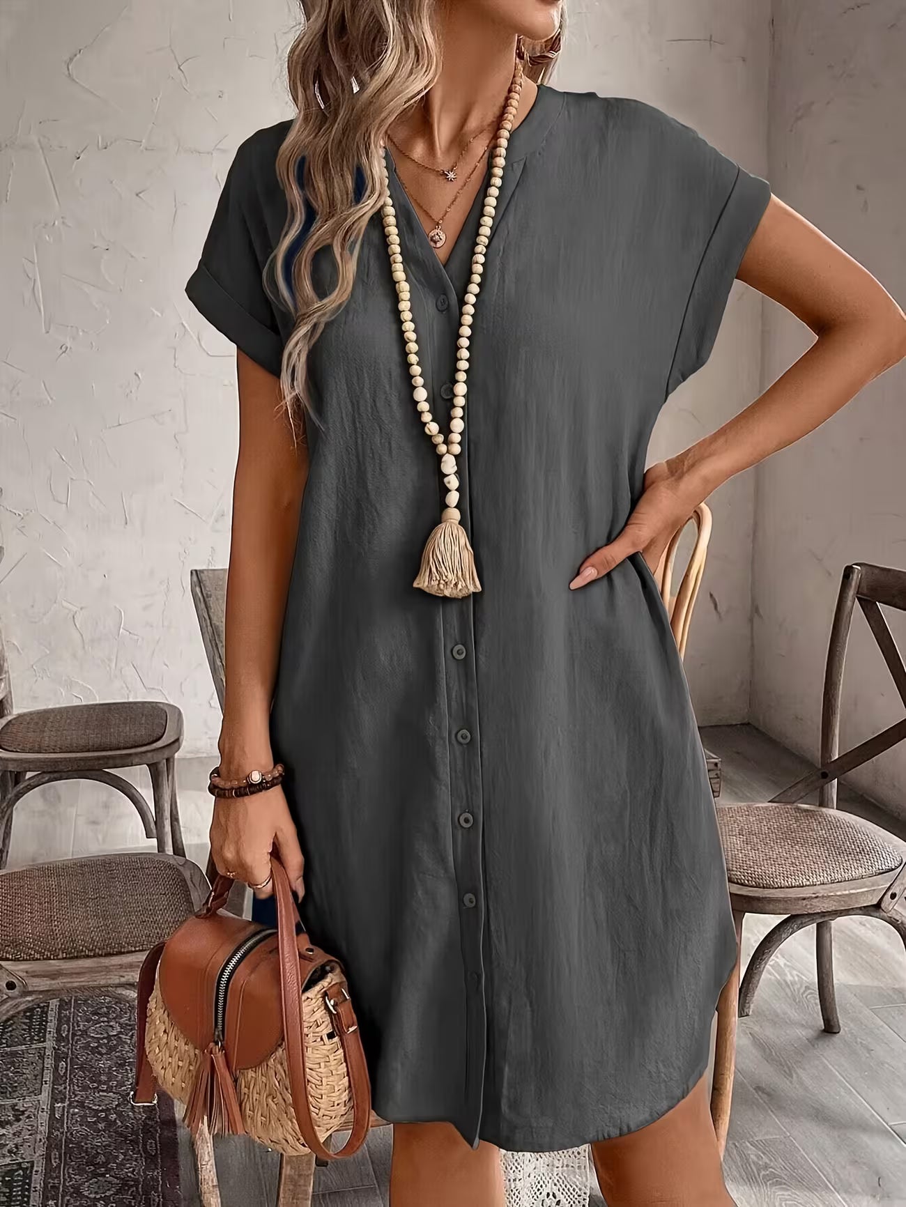 Women's Elegant V-neck Button Loose Fit Midi Dress Shirt