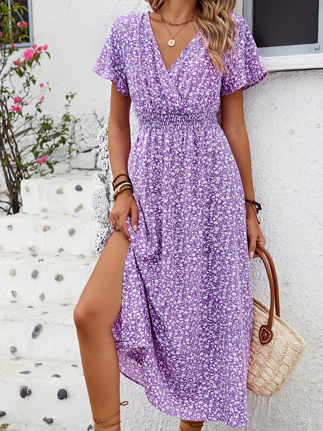 Women's Floral bohemian Print V-neck Midi Dress With Slit Sleeves