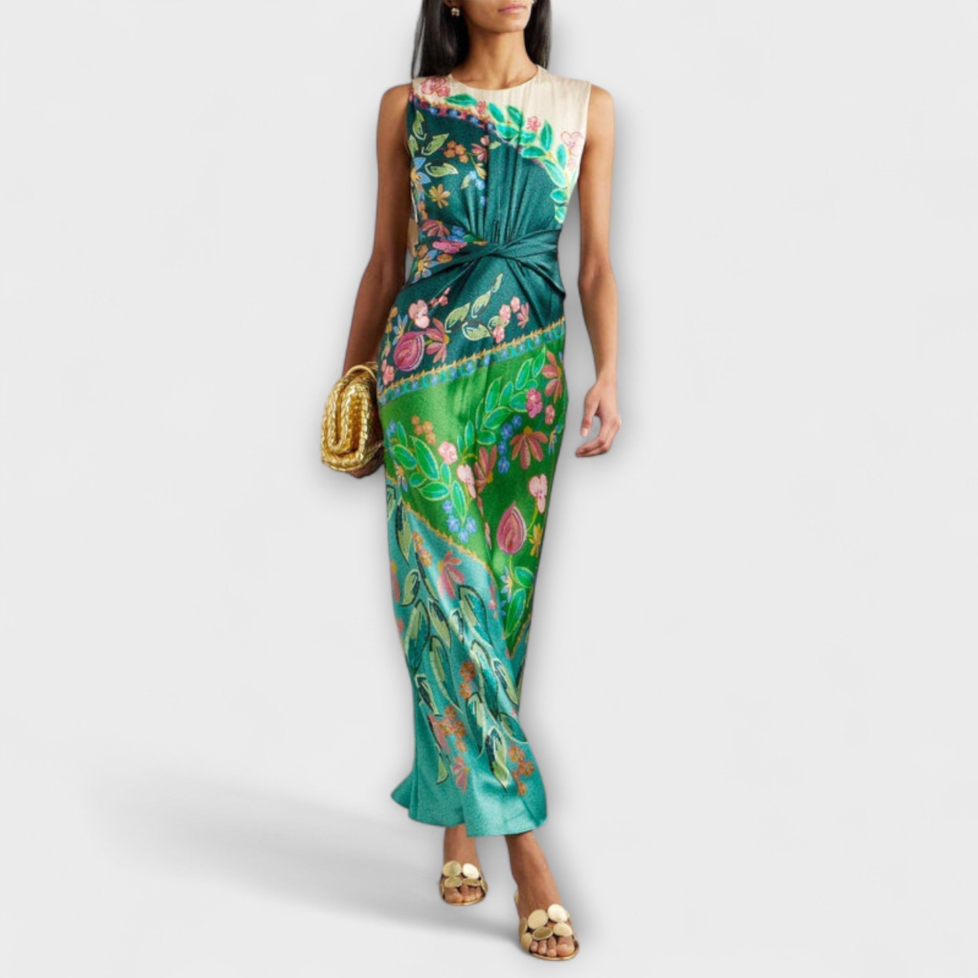 Elegant Twisted Draped Floral Maxi Dress