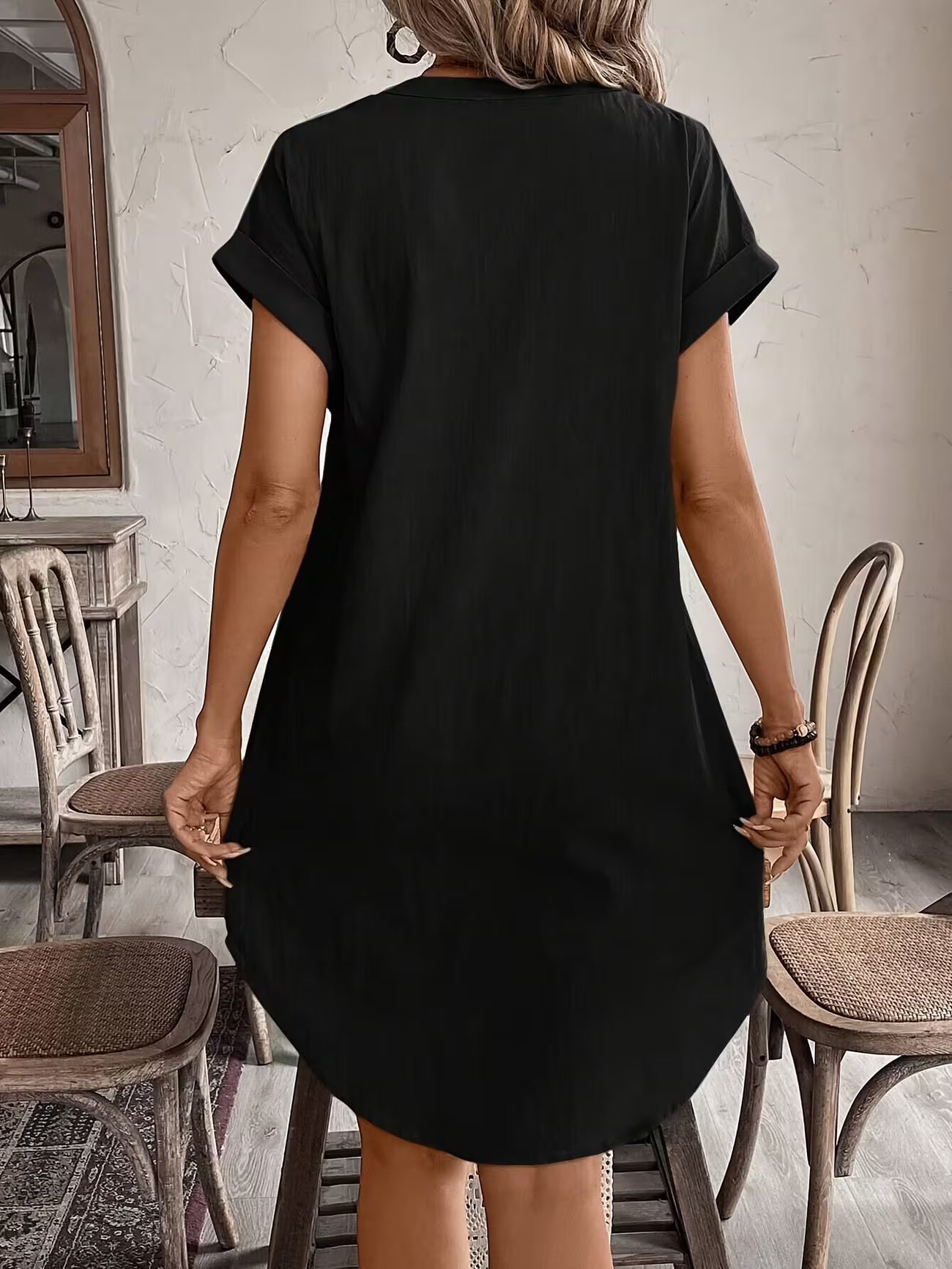 Women's Elegant V-neck Button Loose Fit Midi Dress Shirt