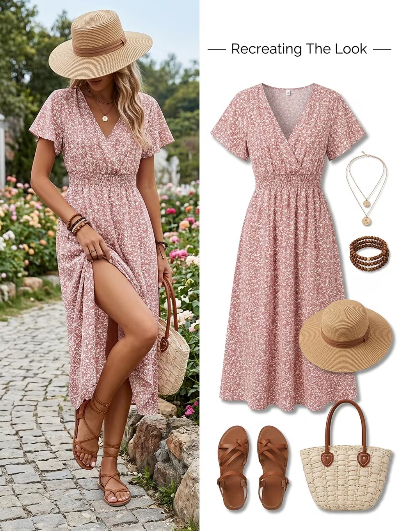 Women's Floral bohemian Print V-neck Midi Dress With Slit Sleeves
