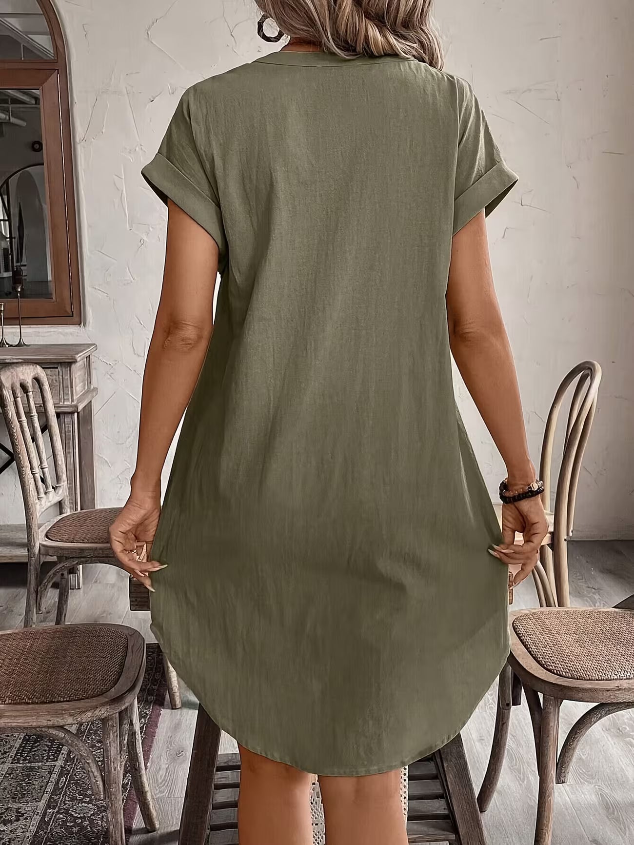 Women's Elegant V-neck Button Loose Fit Midi Dress Shirt