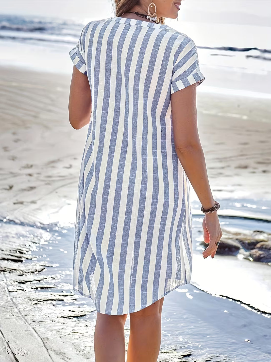 Women's Striped V-neck Knee-length Summer Dress Trousers
