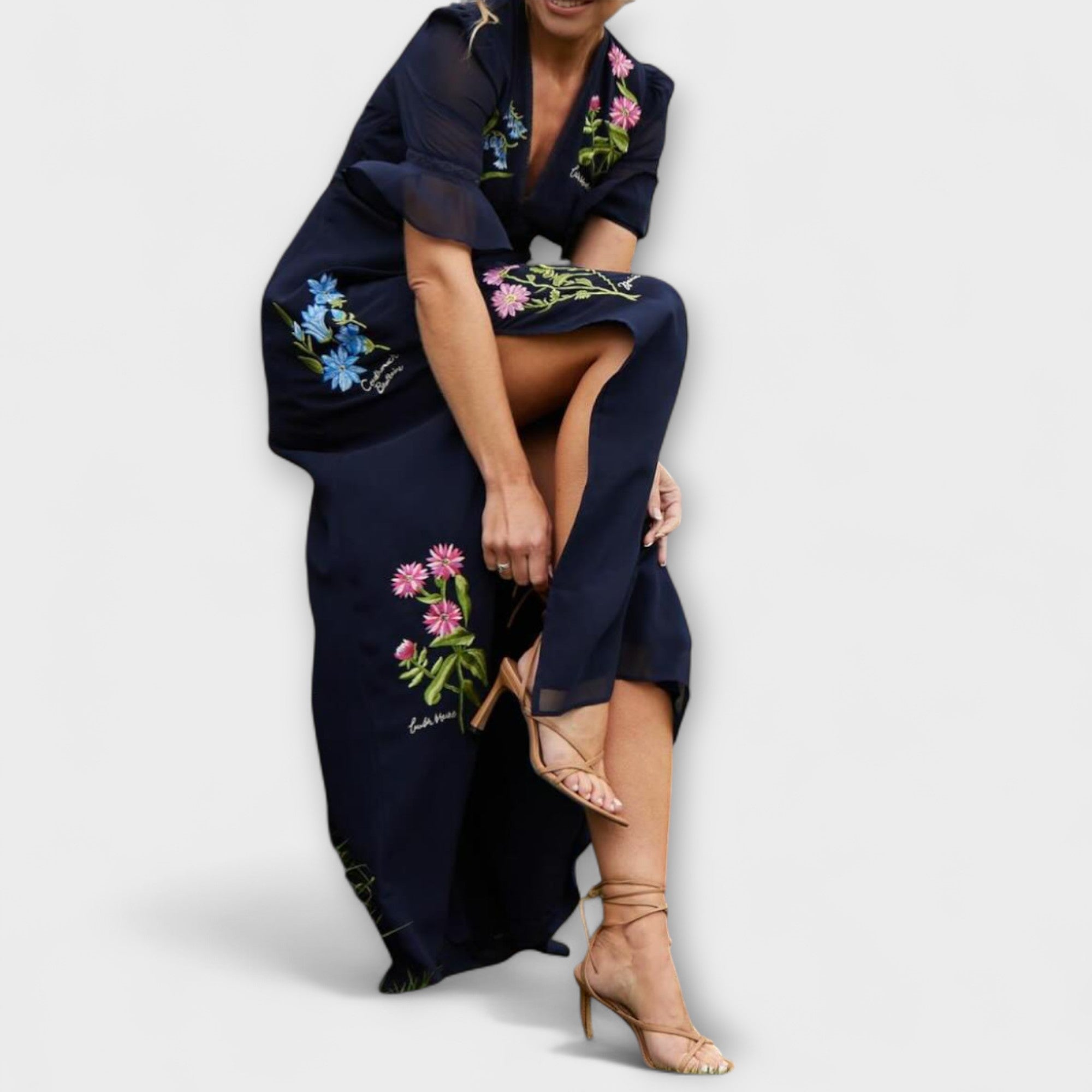 Elegant Navy Blue Dress With Floral