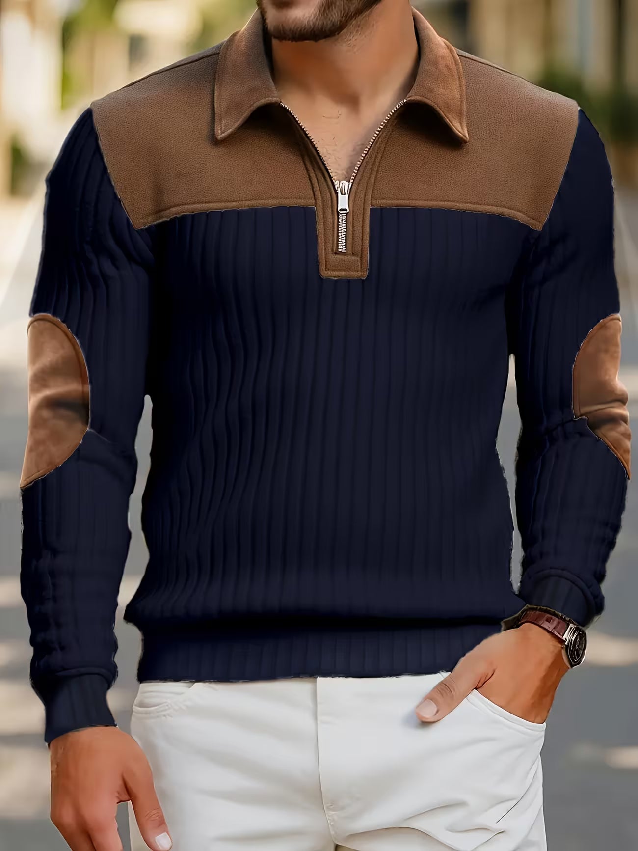 Mens Jacquard Knit Zip-neck Sweater Shirt
