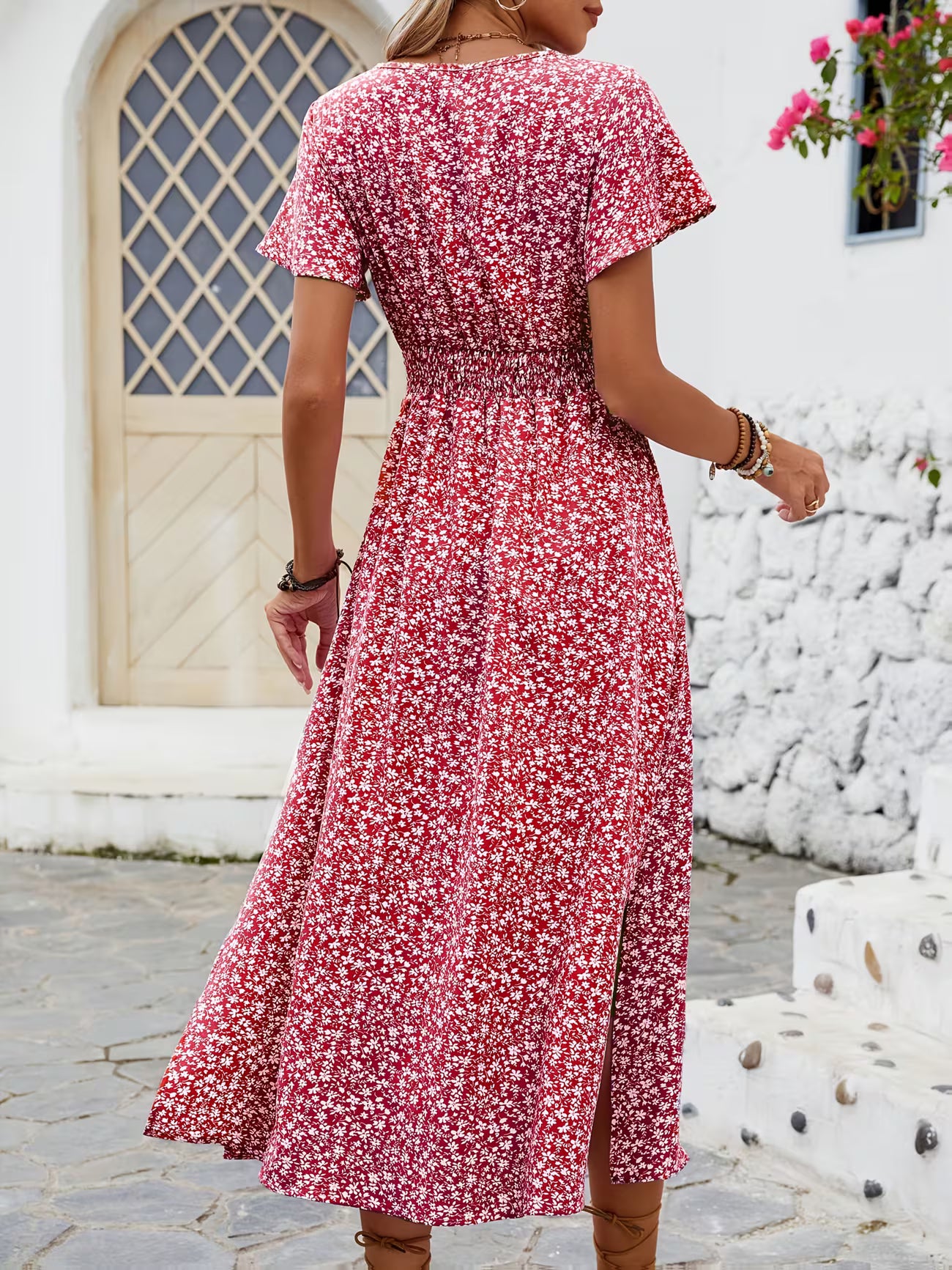 Women's Floral bohemian Print V-neck Midi Dress With Slit Sleeves