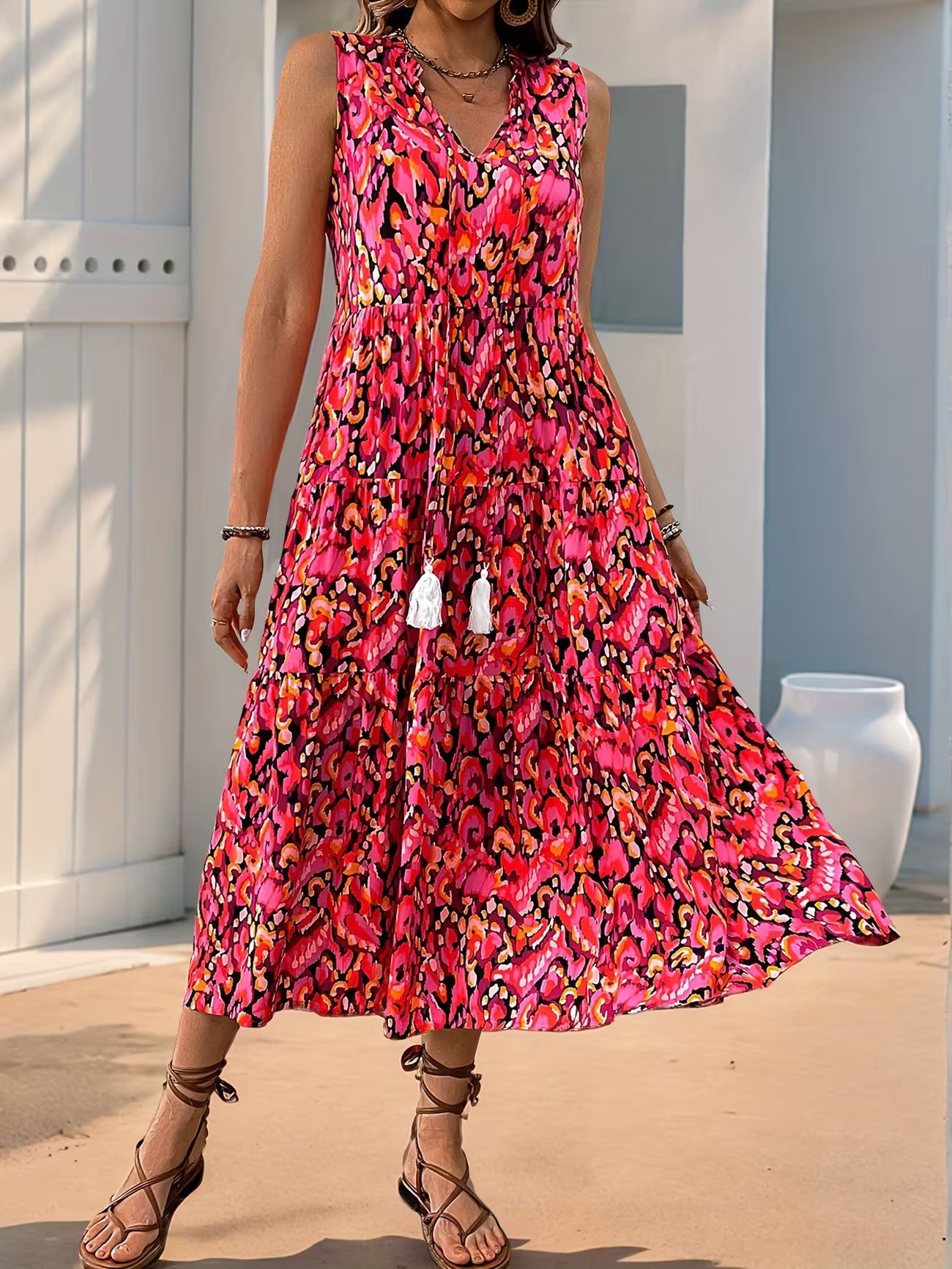 Women's Sleeveless Bohemian Fringe Tie Dress
