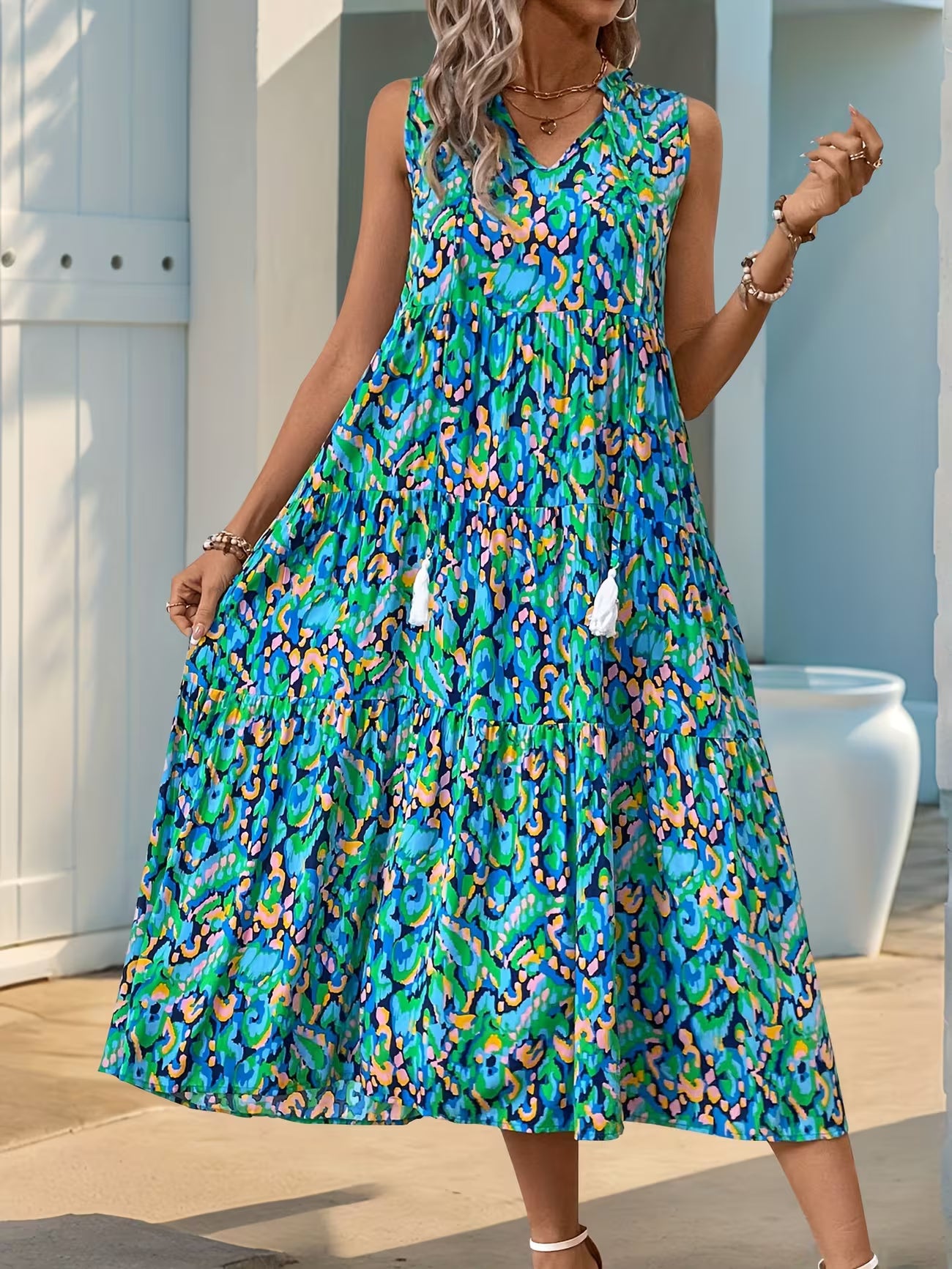 Women's Sleeveless Bohemian Fringe Tie Dress