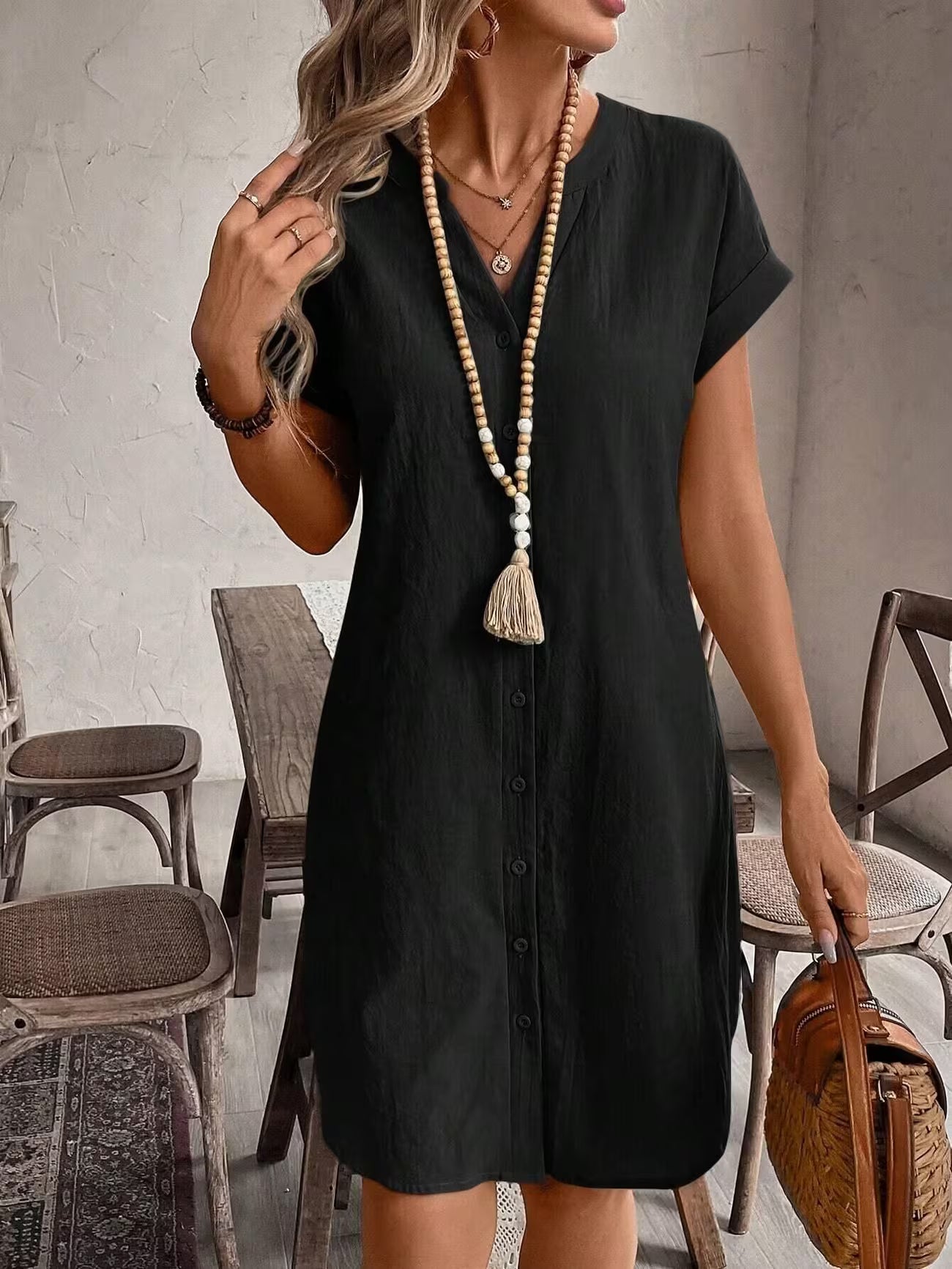 Women's Elegant V-neck Button Loose Fit Midi Dress Shirt