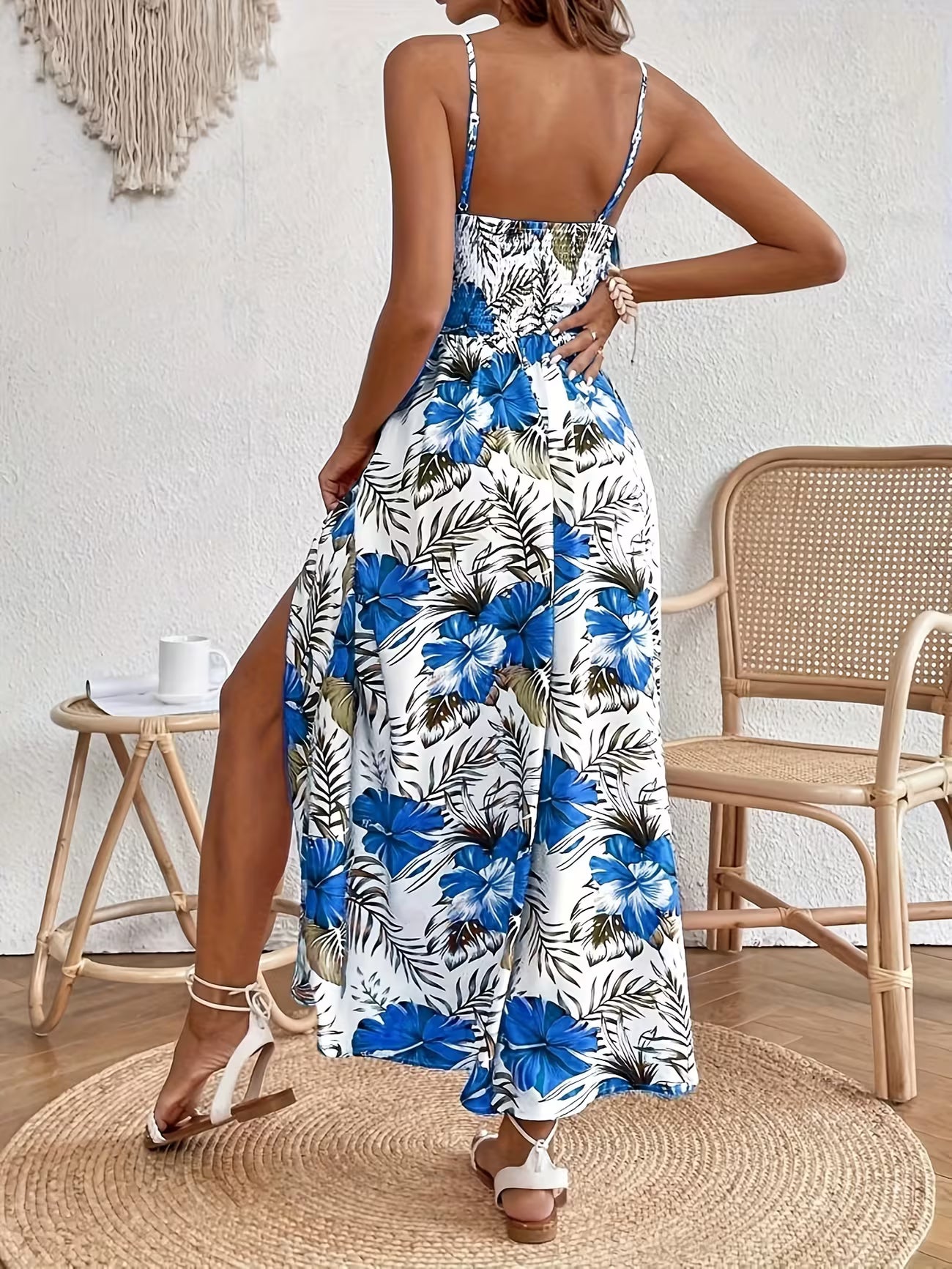 Women's Floral Print Bohemian Sleeveless Split Midi Dress