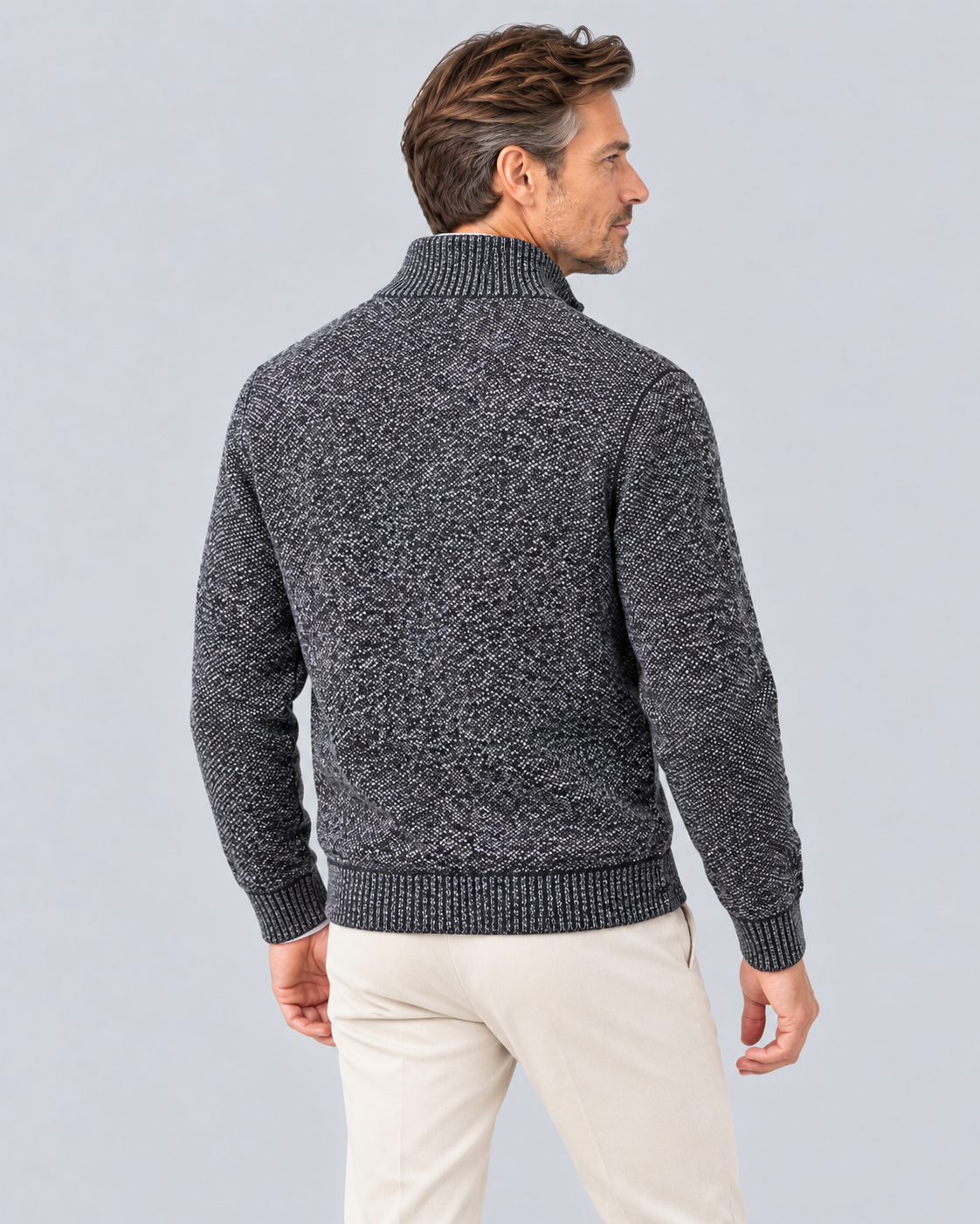 Men's Knitted Quarter Zip Jumper in Textured Polyester – Zip Stand Collar, Ribbed Cuffs & Hem