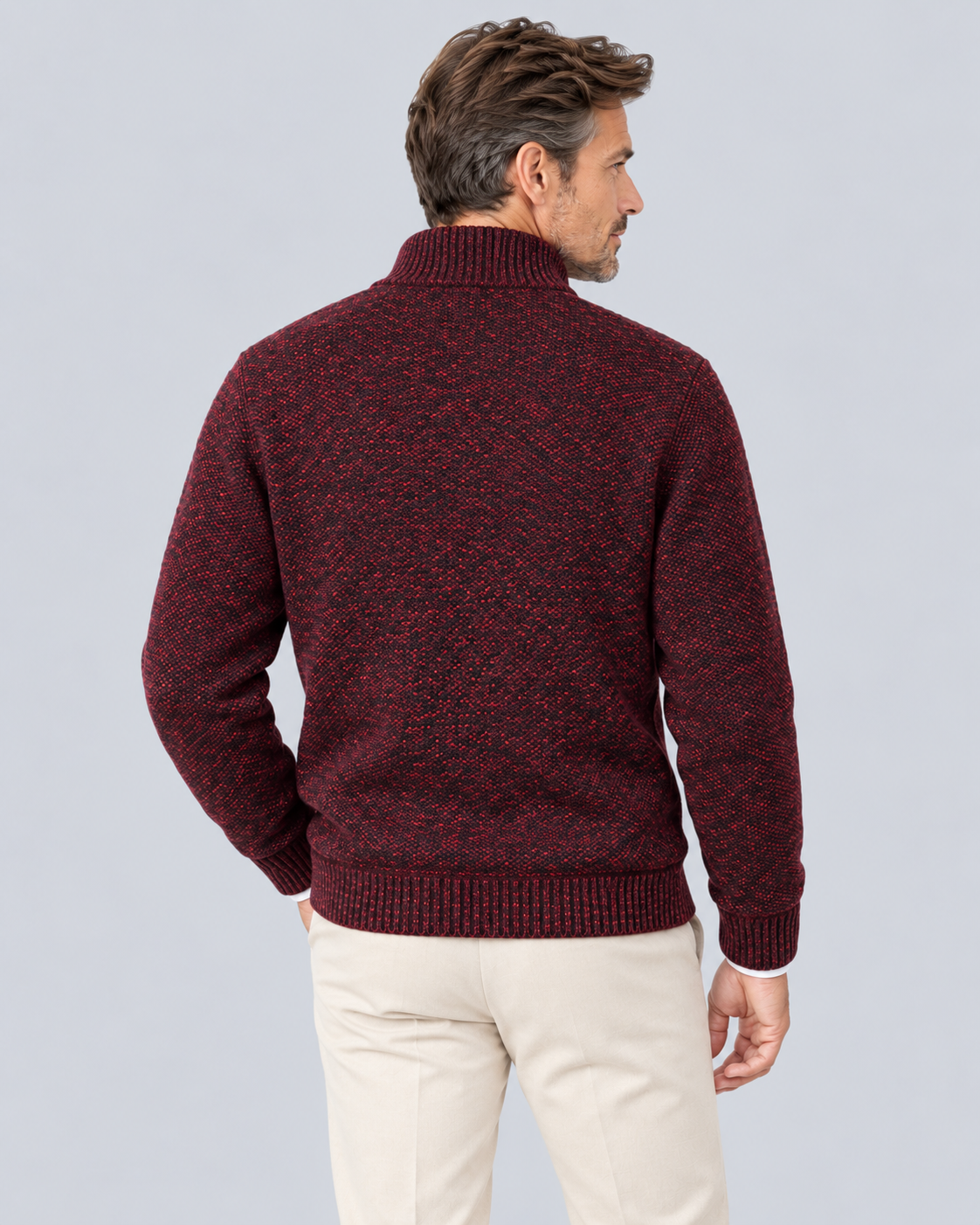 Men's Knitted Quarter Zip Jumper in Textured Polyester – Zip Stand Collar, Ribbed Cuffs & Hem