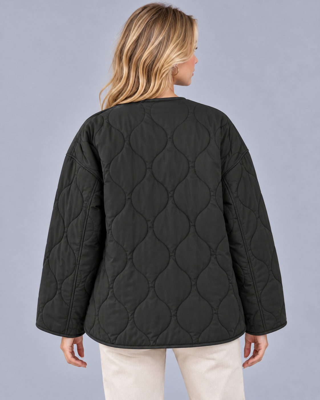 Women's Collarless Quilted Jacket – Lightly Padded, Wave Quilting, Full Zip, Relaxed Fit