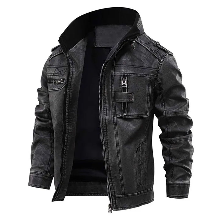 Men's Faux Leather Biker Jacket – Stand Collar, Slim Fit