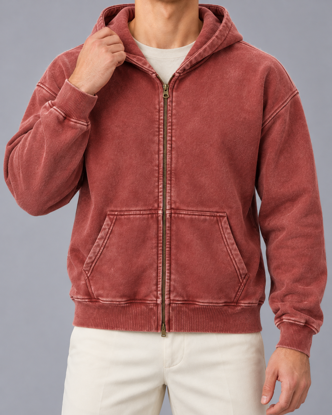 Men's Oversized Zip-Up Hoodie | Washed Fleece Full-Zip Sweatshirt