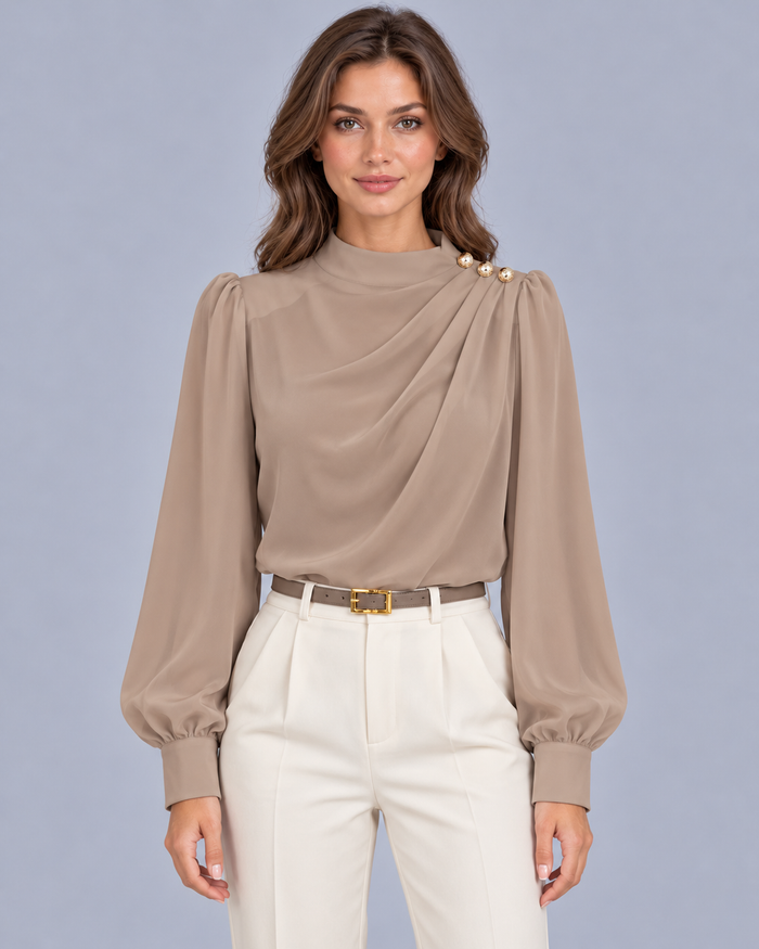 Women's Mock Neck Blouse with Gold Buttons