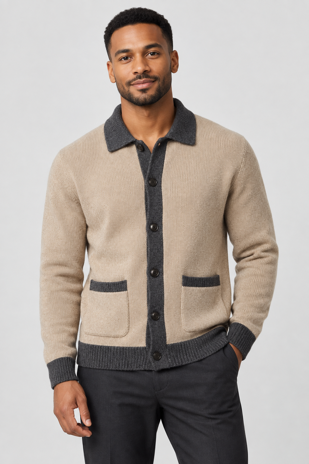 Men's Button Cardigan with Pockets – Heavyweight Knit, Contrast Ribbed Trim, Crew Neck