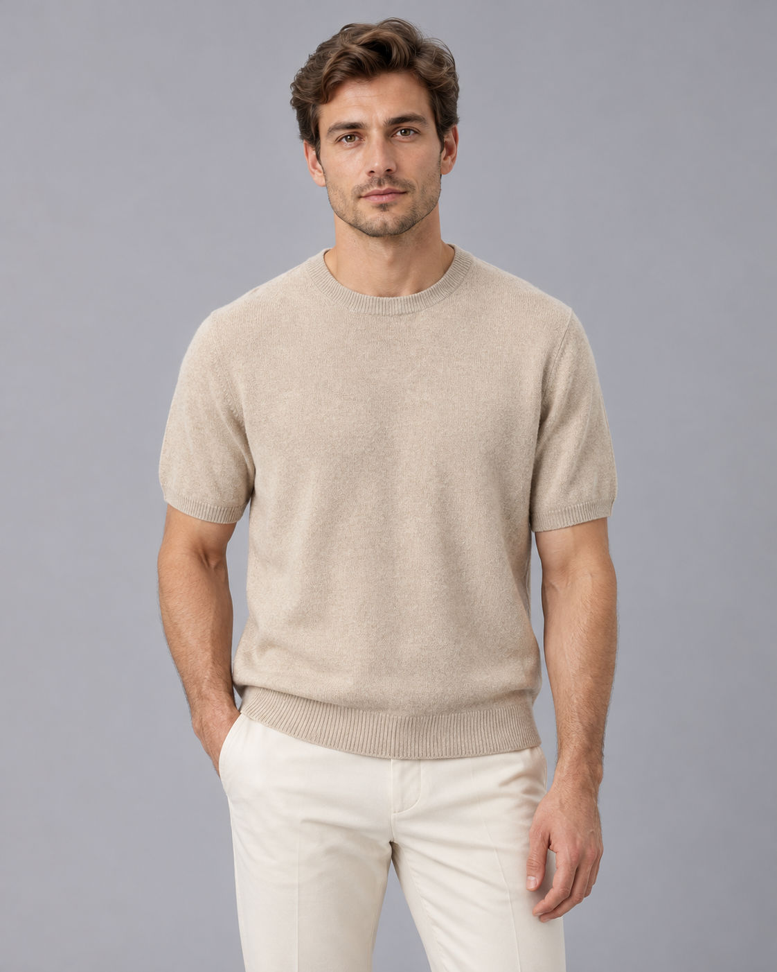 Men's 100% Cashmere Crew Neck T-Shirt with Short Sleeves and Ribbed Trims