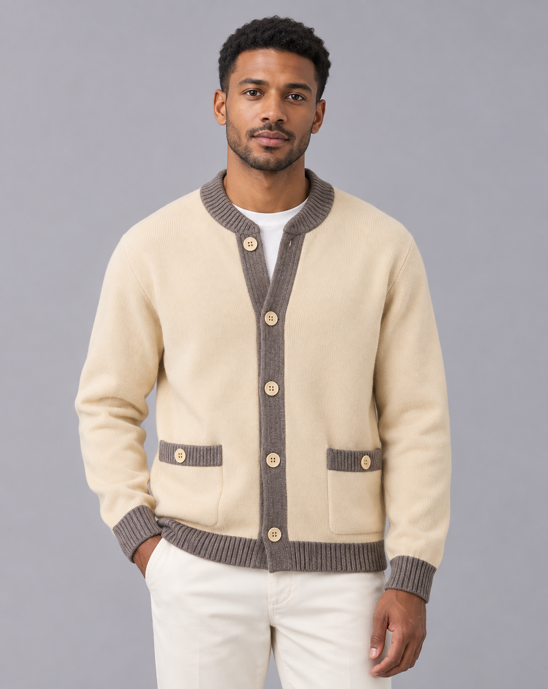 Men's Button Cardigan with Pockets – Heavyweight Knit, Contrast Ribbed Trim, Crew Neck