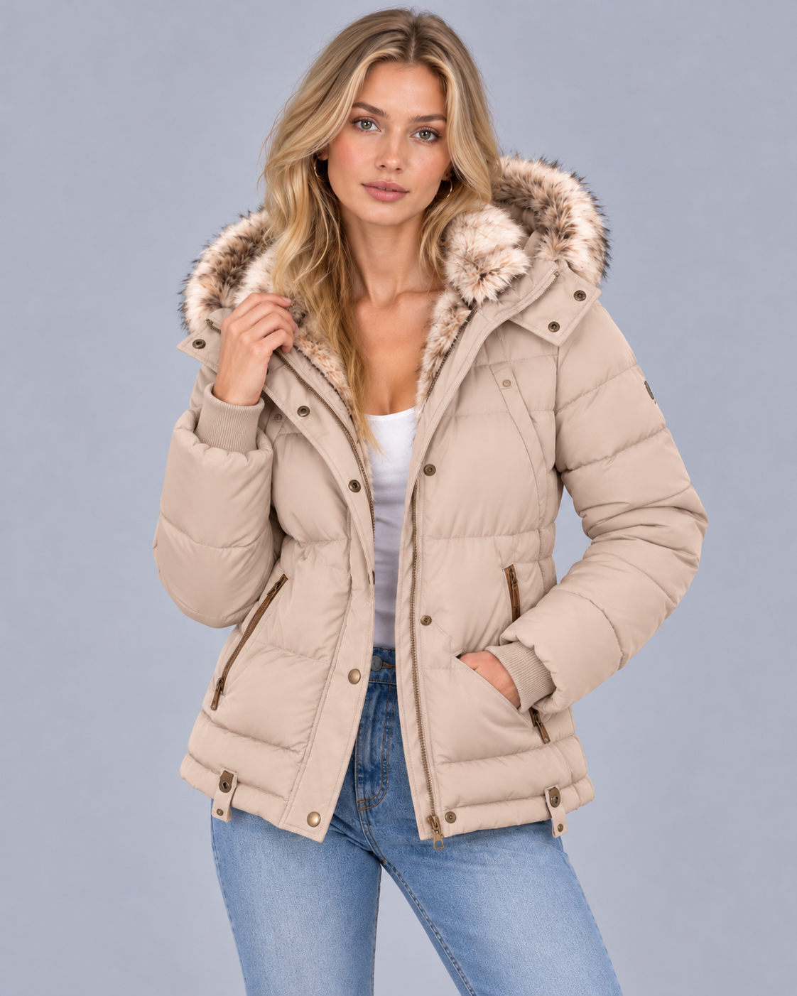 Women's Quilted Jacket with Faux Fur Hood