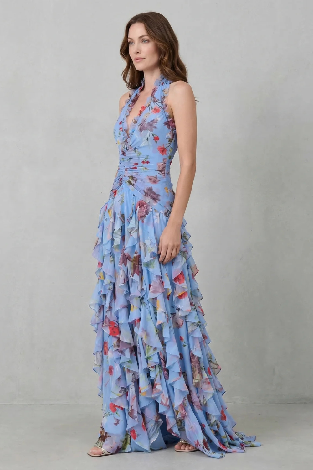 Women Pink Rose Print Halter Maxi Dress