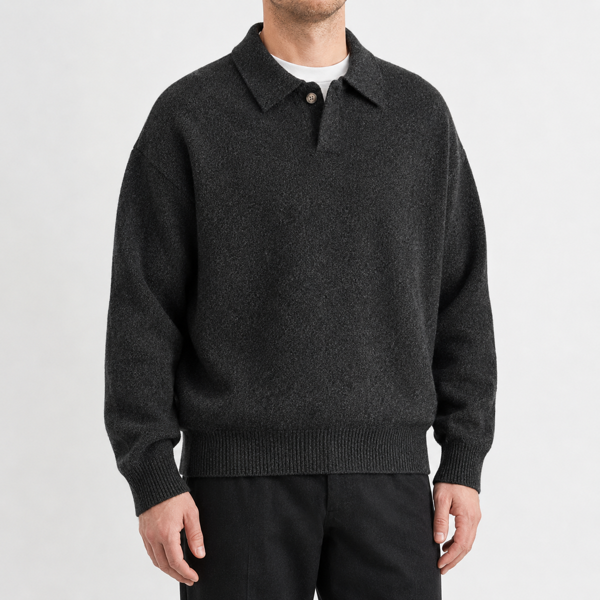 Men's Knitted Polo Jumper – Long Sleeve with One-Button Collar, Relaxed Fit