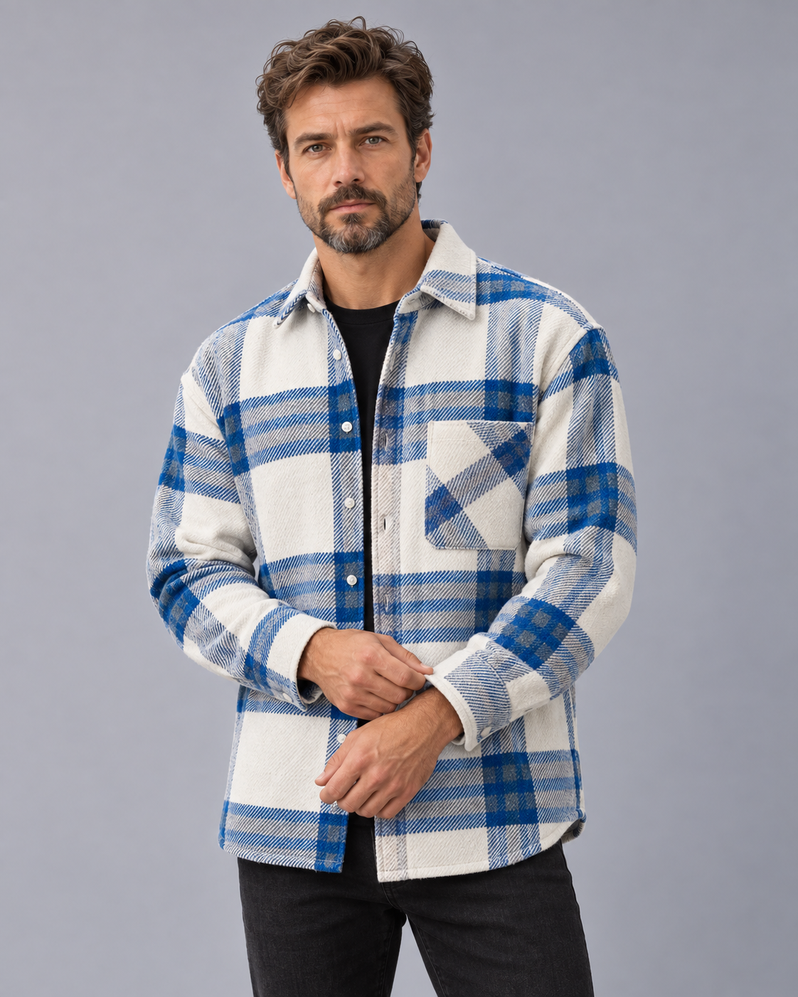 Men's Check Overshirt – Button-Through Shirt Jacket with Chest Pocket