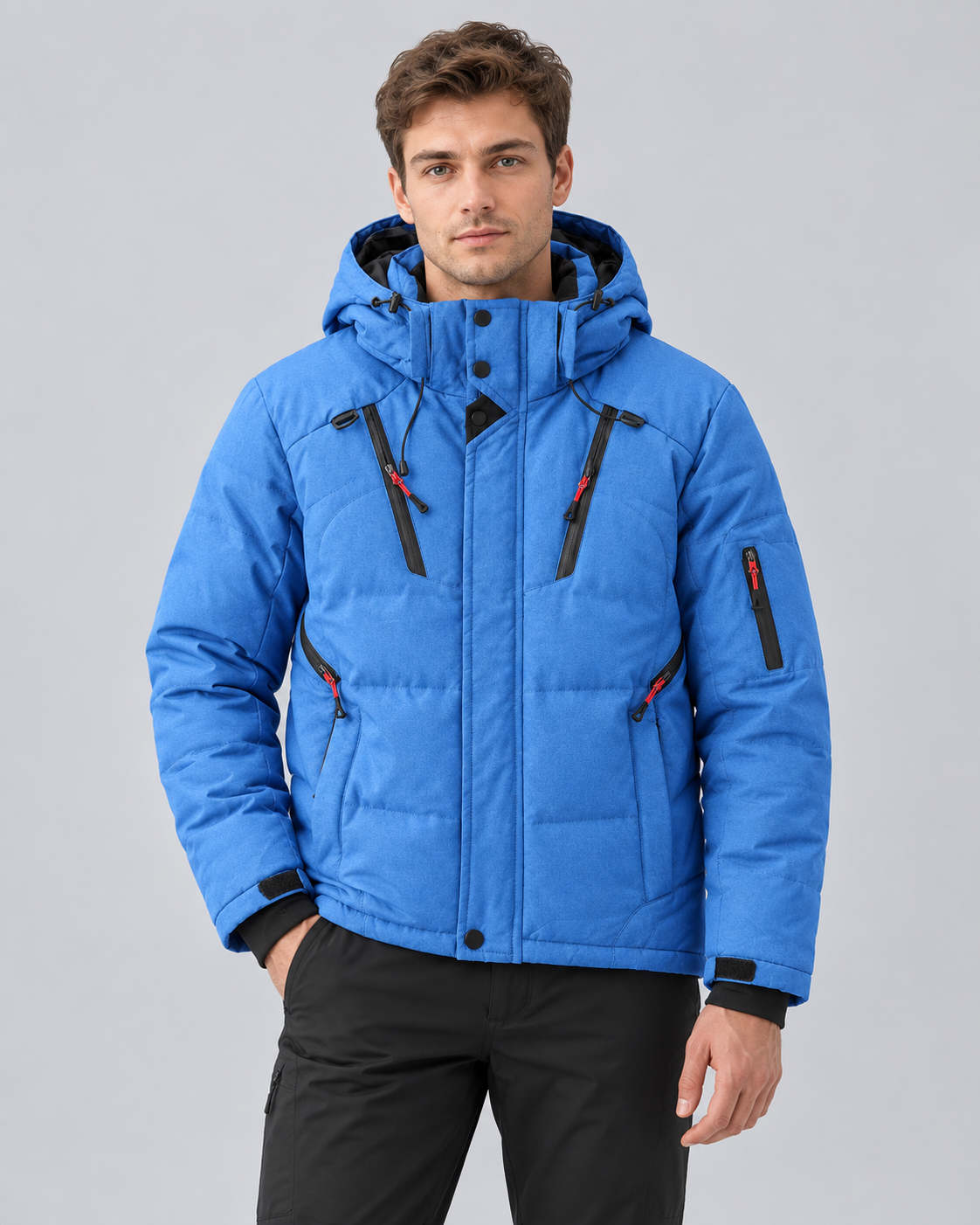 Men's Puffer Jacket with Hood in Polyester – Quilted Winter Coat with Zip Pockets