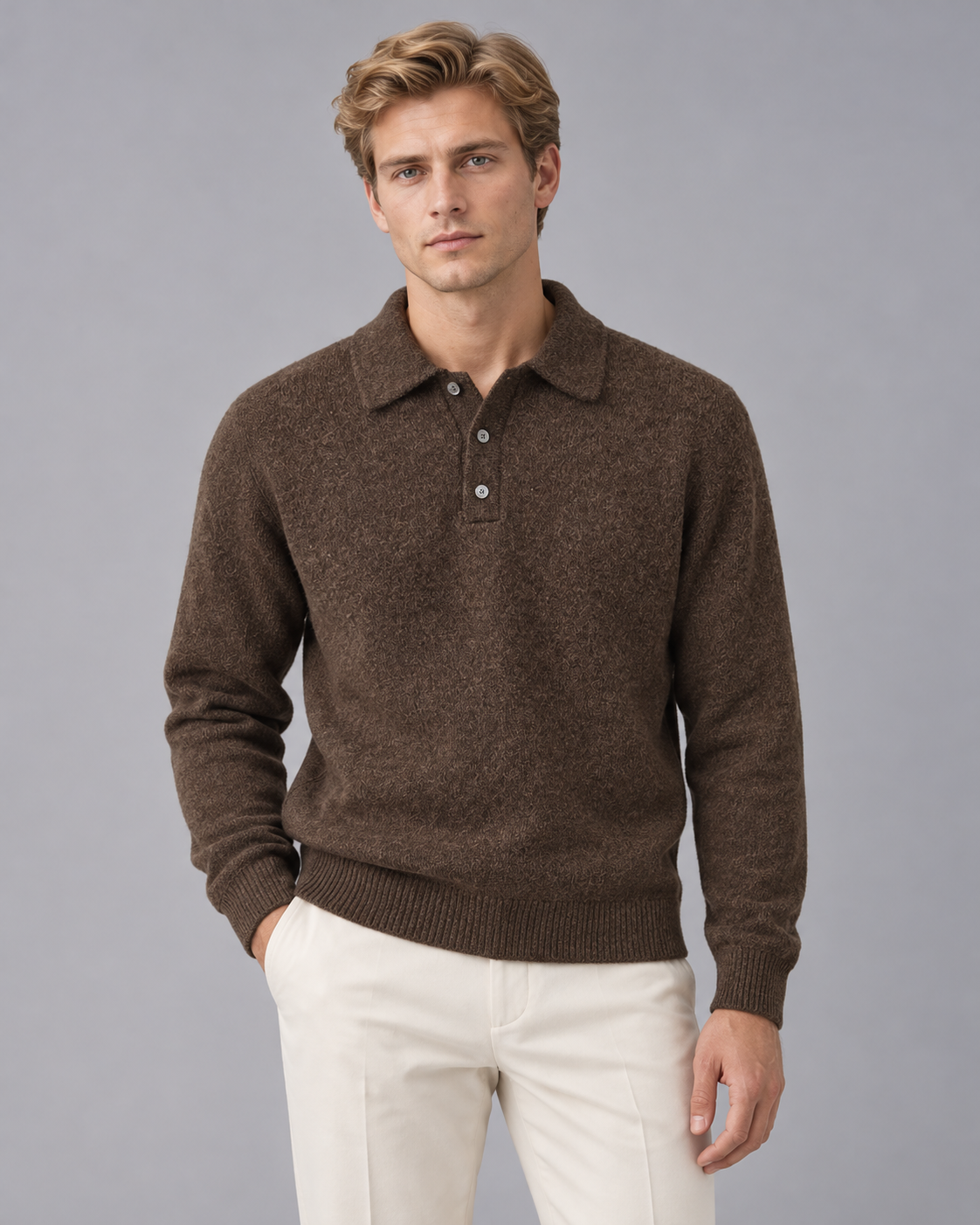 Men's Polo Collar Jumper with Ribbed Cuffs