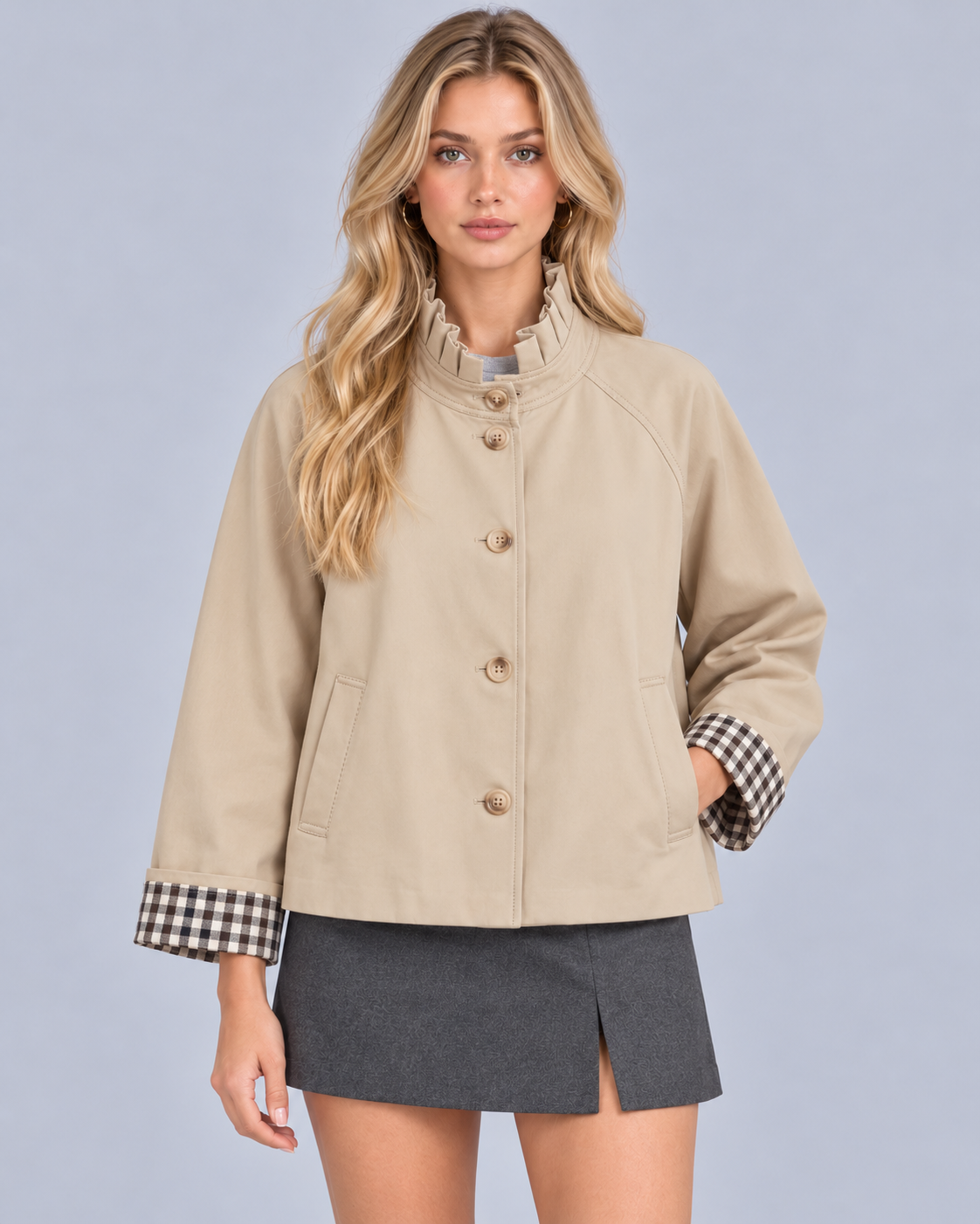Women's Short Trench Coat – Ruffled High Collar, Button Front & Check Trim Cuffs
