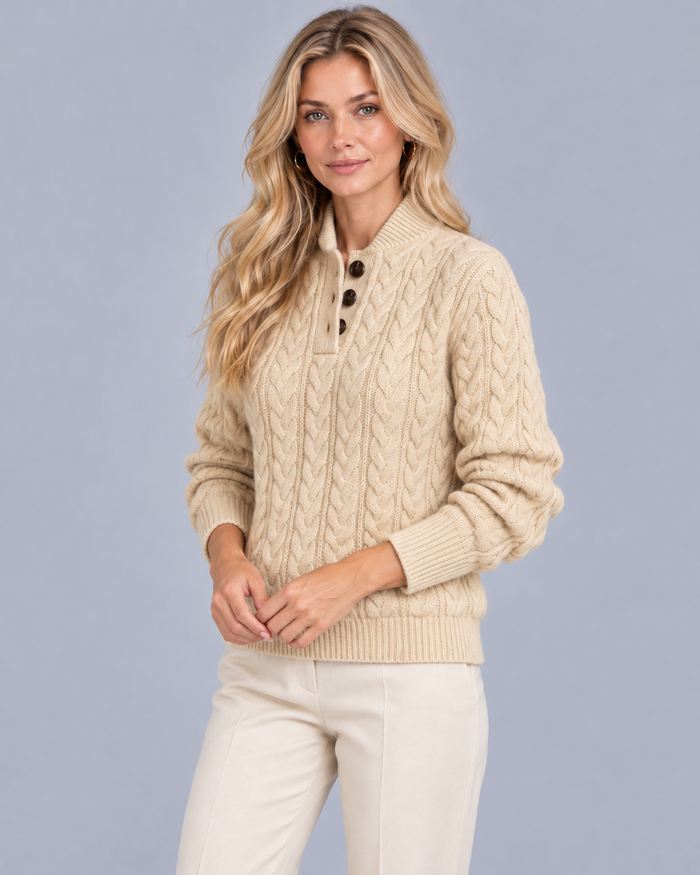 Women's Cable Knit Sweater | Half Button Collar