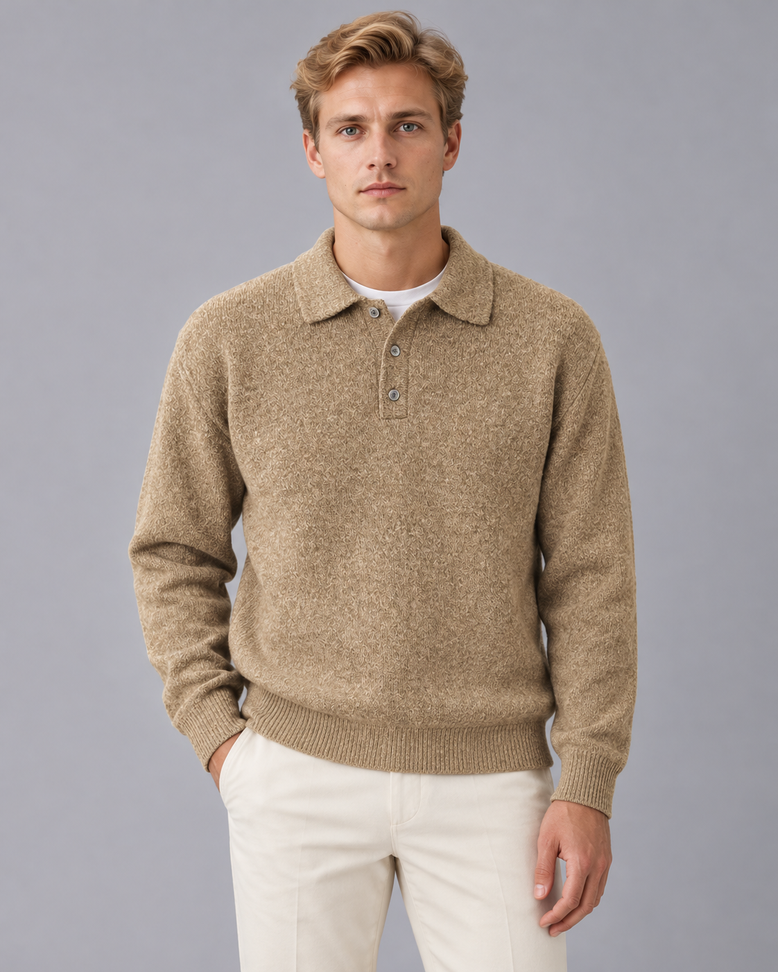 Men's Polo Collar Jumper with Ribbed Cuffs