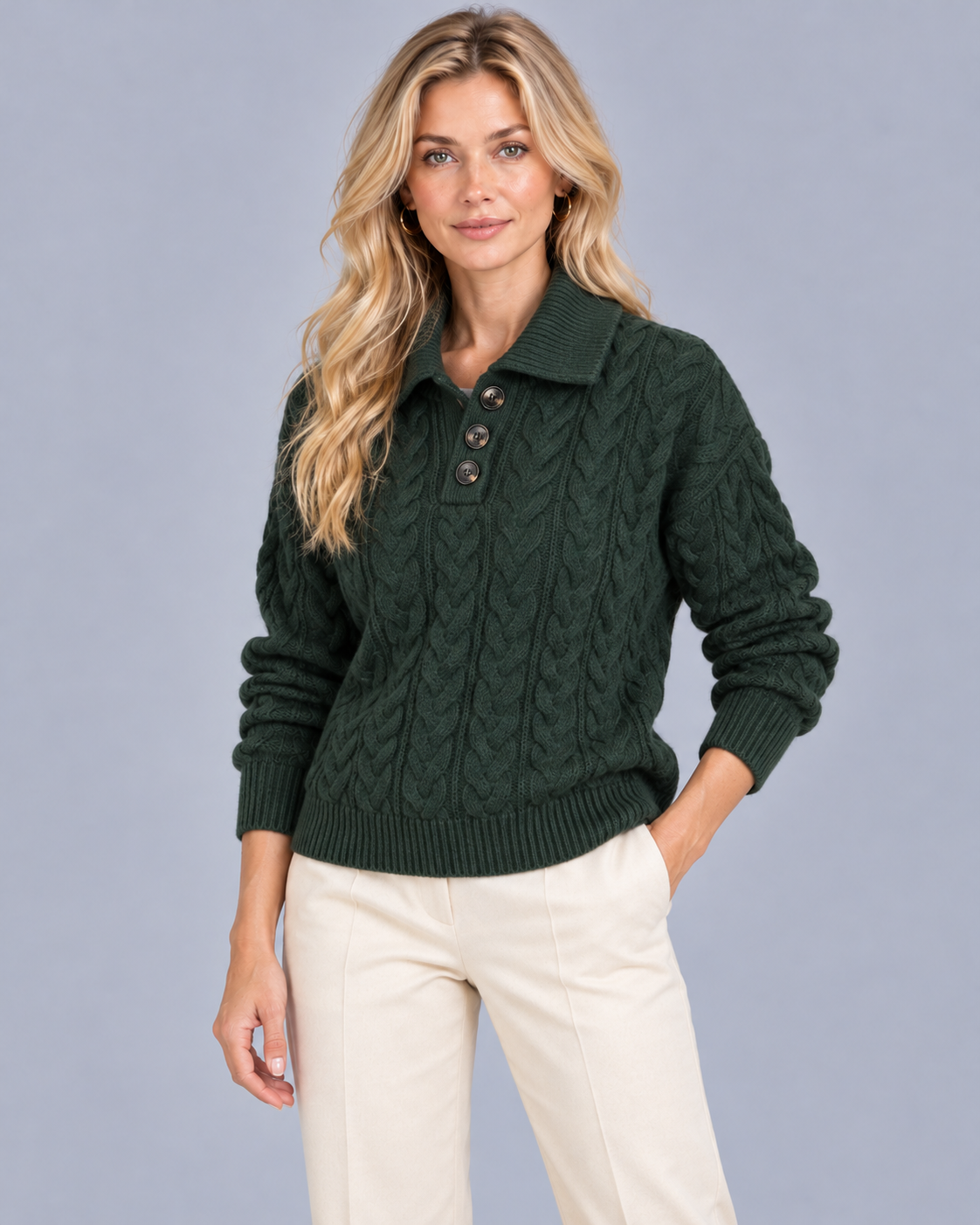 Women's Cable Knit Sweater | Half Button Collar
