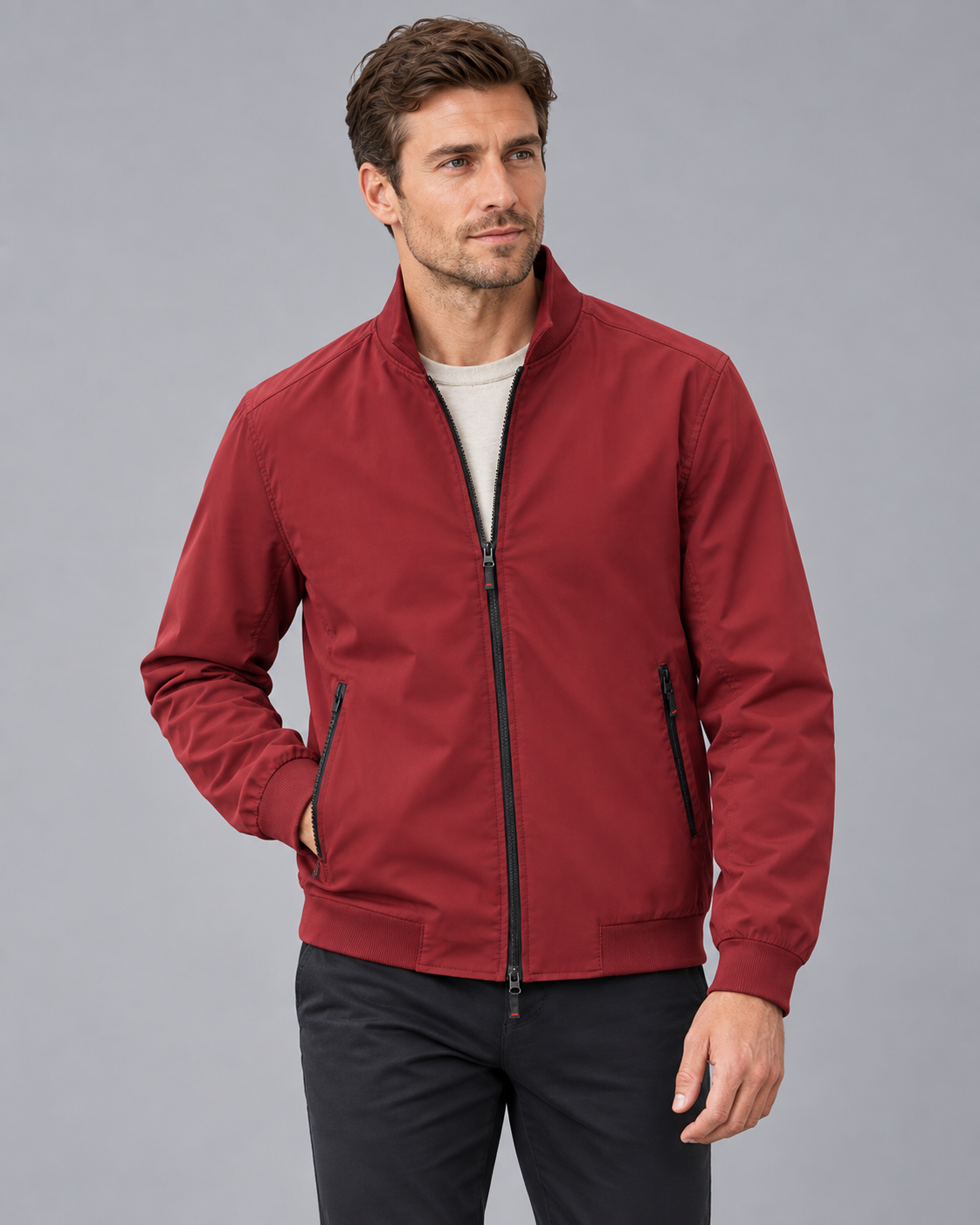 Men's Bomber Jacket – Stand Collar, Full Zip, Two Vertical Zip Pockets, Ribbed Cuffs & Hem, Relaxed Fit