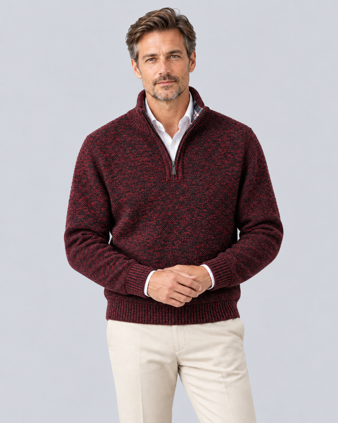 Men's Knitted Quarter Zip Jumper in Textured Polyester – Zip Stand Collar, Ribbed Cuffs & Hem