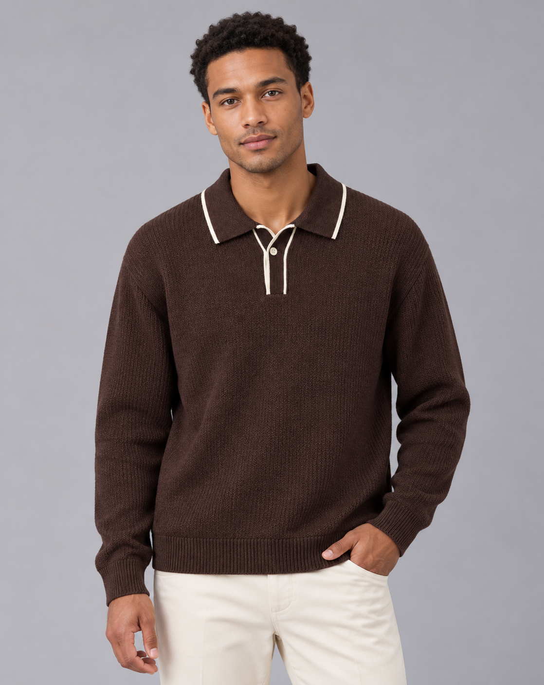 Men's Long Sleeve Knitted Polo Jumper in Linen Blend – Contrast-Tipped Collar