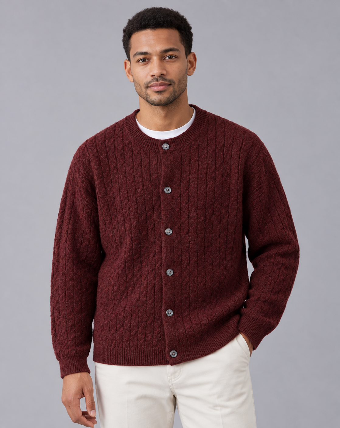 Men's Cable Knit Cardigan – Crew Neck, Six-Button Front, Ribbed Cuffs, Relaxed Fit