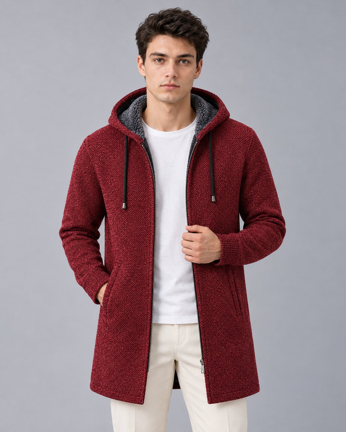 Men's Mid Length Hooded Coat with Zip