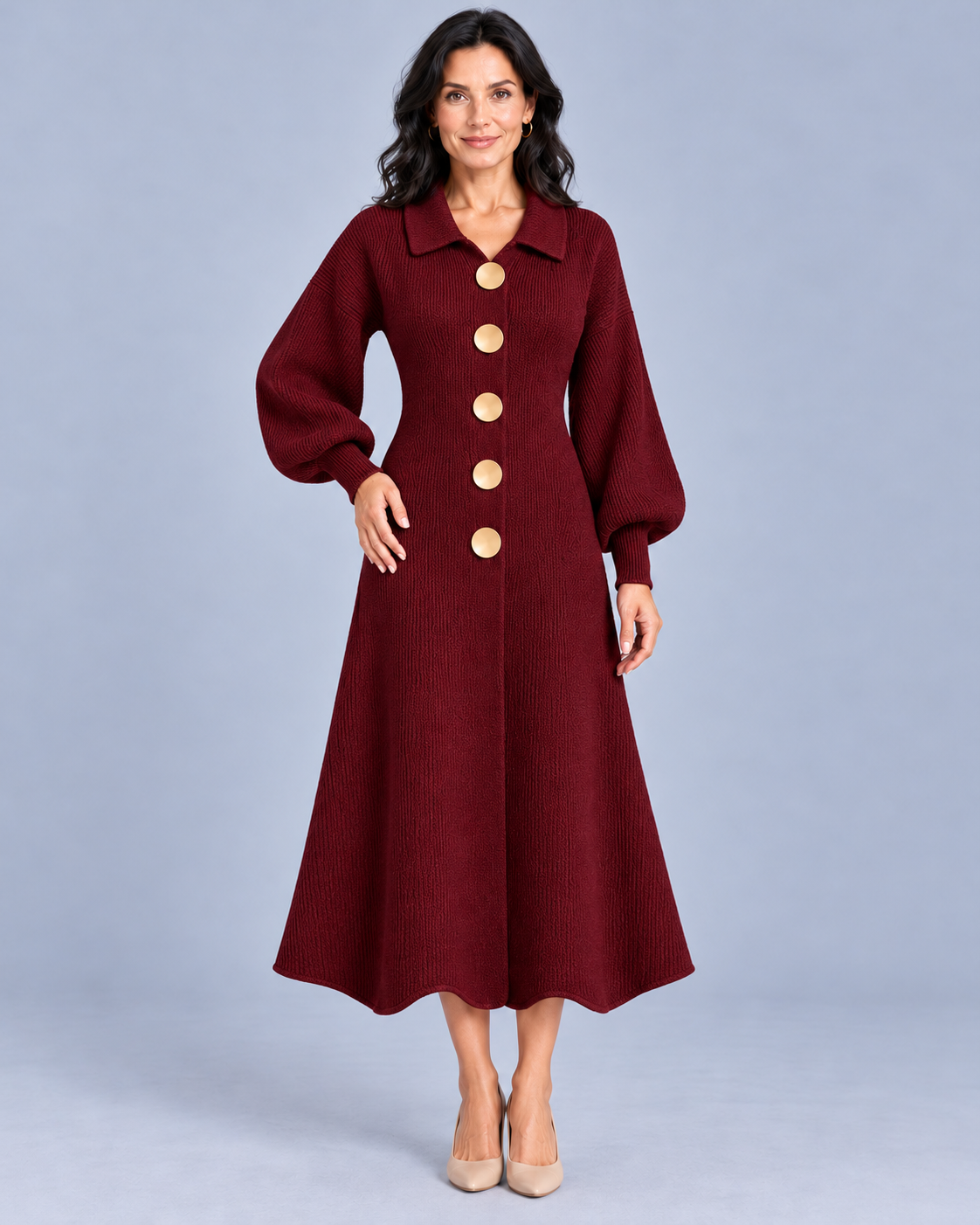 Women's Knitted Cardigan Dress with Puff Sleeves