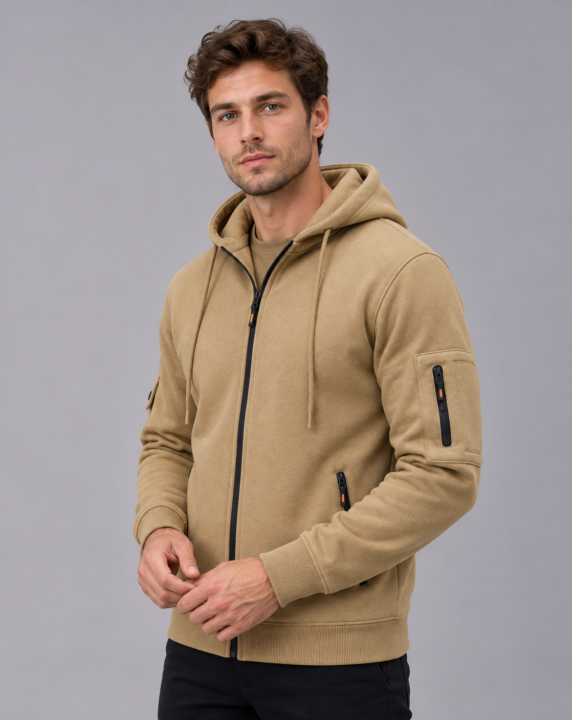 Men's Zip Up Hoodie in 100% Cotton – Full Zip, Drawstring Hood, Zip Pockets and Sleeve Pocket