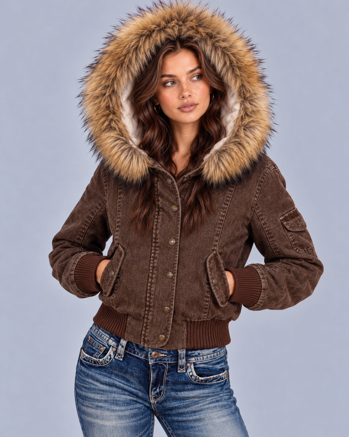 Women's Faux Fur Hooded Denim Bomber Jacket