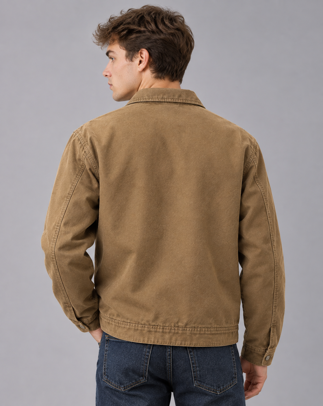 Men's Workwear Jacket in Cotton Blend – Zip Front, Point Collar, Angled Pockets, Relaxed Fit
